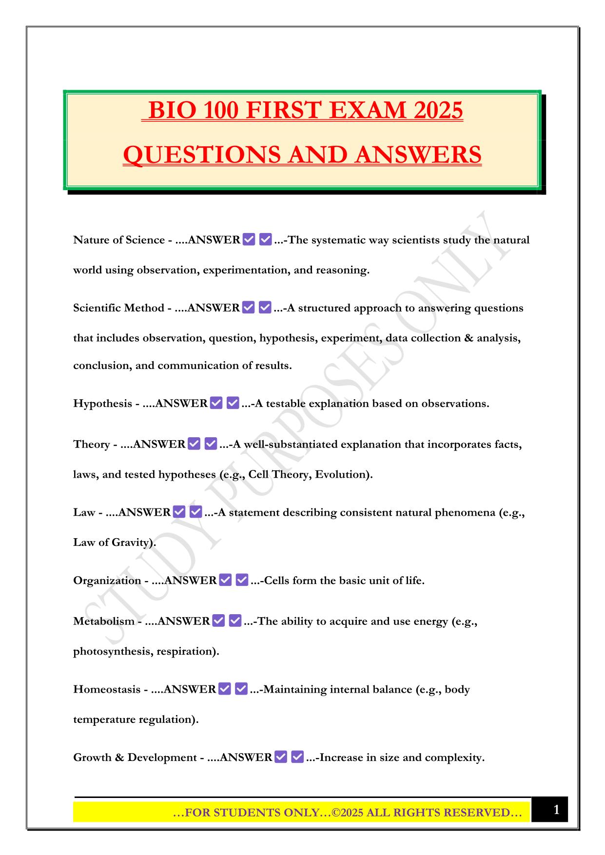 BIO 100 FIRST EXAM 2025 QUESTIONS AND ANSWERS