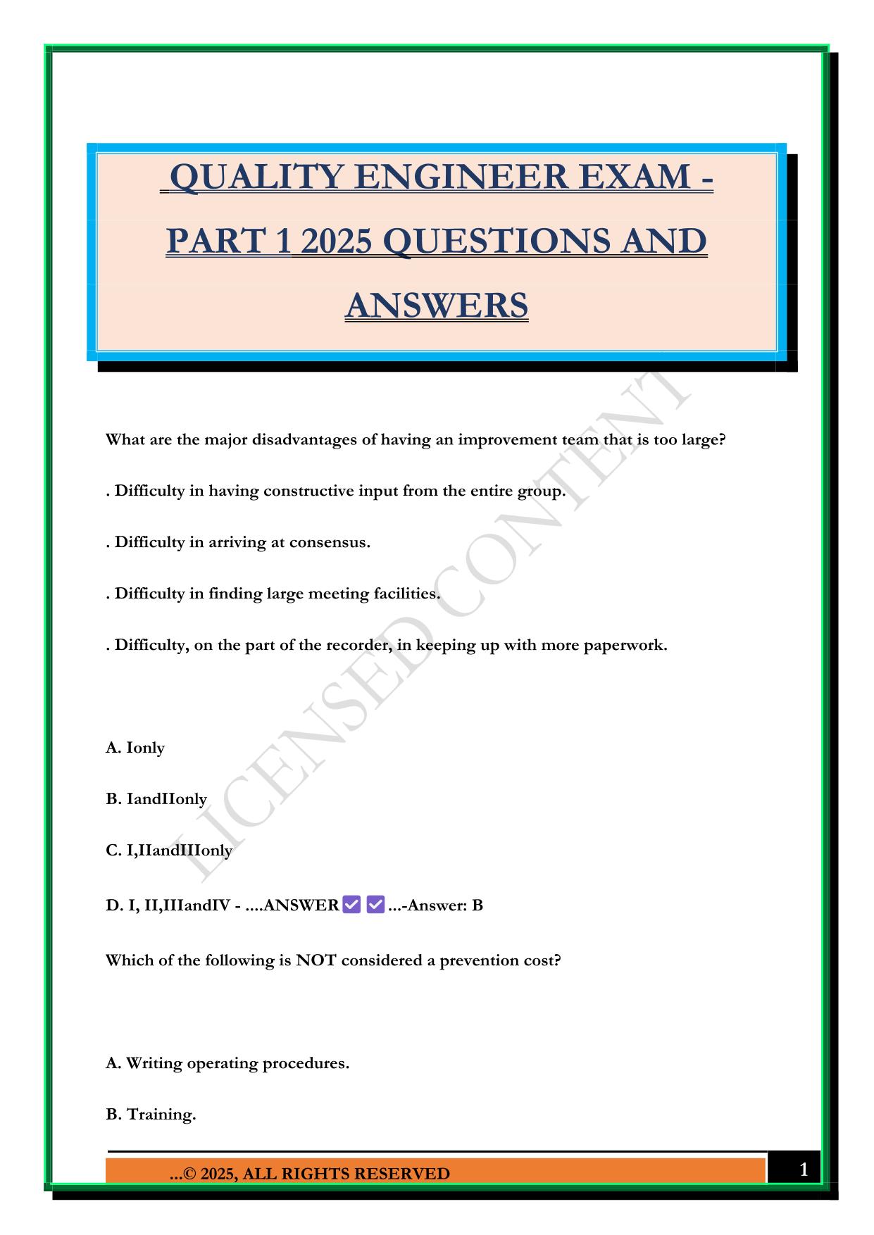 QUALITY ENGINEER EXAM - PART 1 2025 QUESTIONS AND ANSWERS
