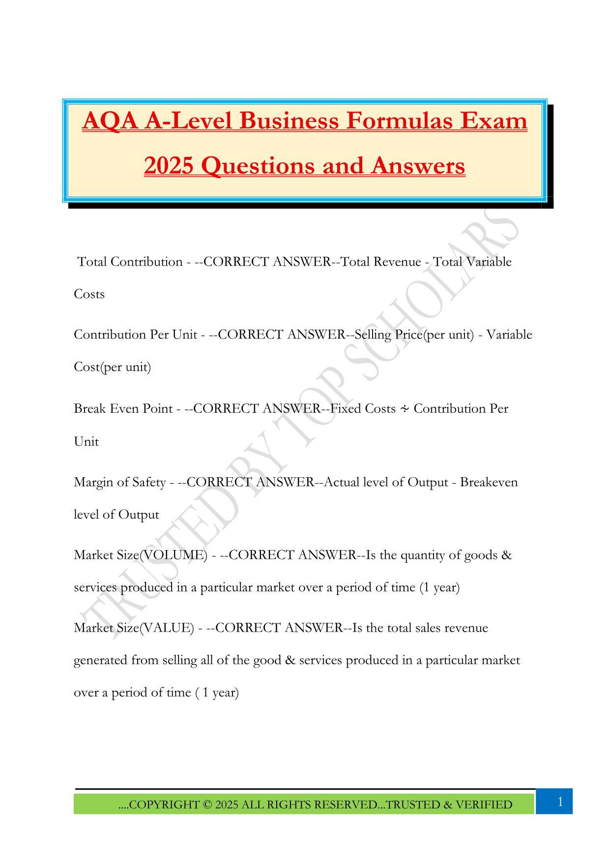 AQA A-Level Business Formulas Exam 2025 Questions and Answers