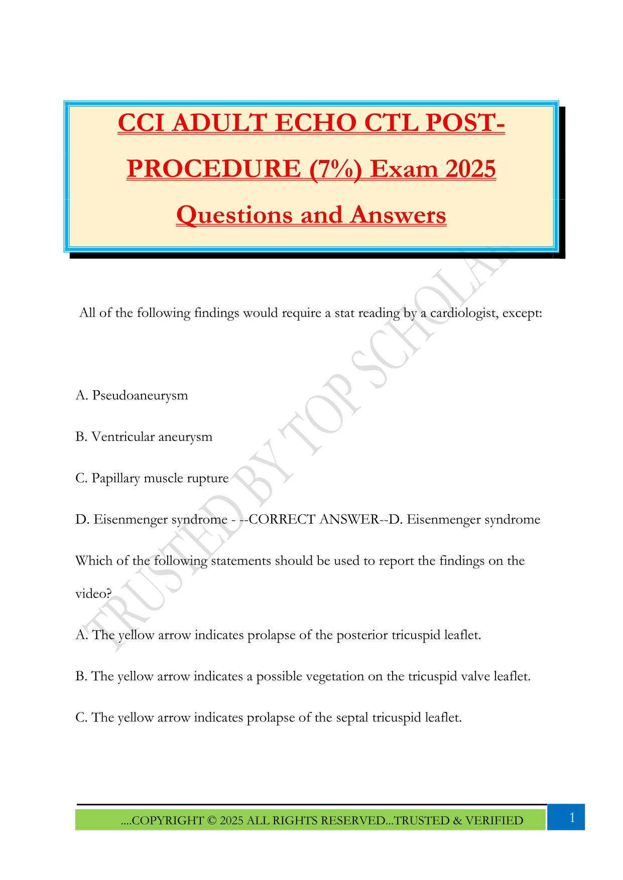 CCI ADULT ECHO CTL POST- PROCEDURE (7%) Exam 2025 Questions and Answers