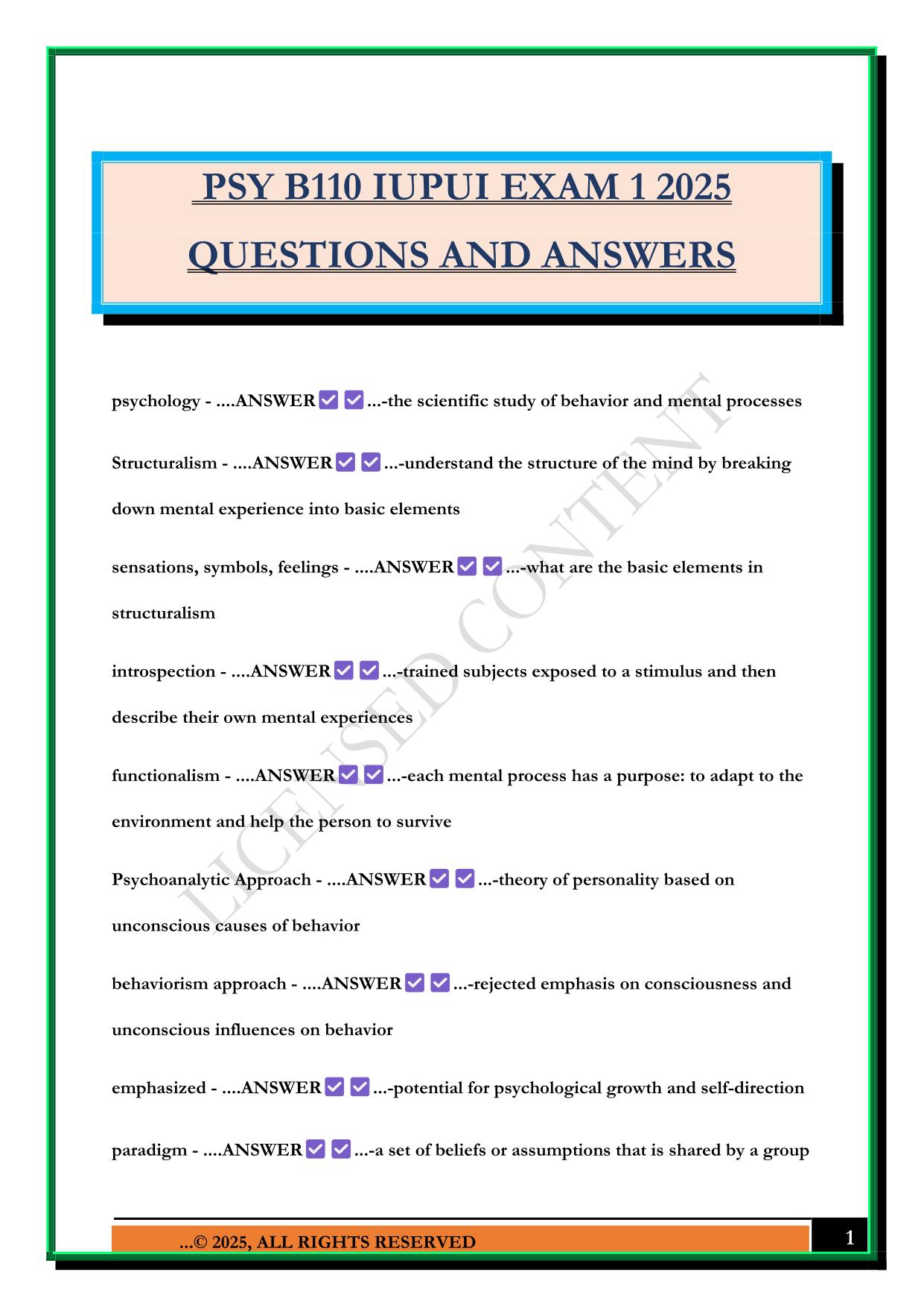 PSY B110 IUPUI EXAM 1 2025 QUESTIONS AND ANSWERS