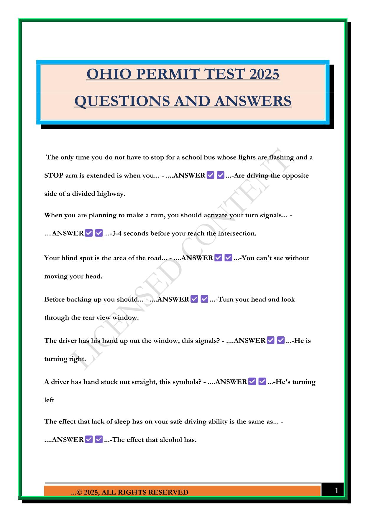 OHIO PERMIT TEST 2025 QUESTIONS AND ANSWERS