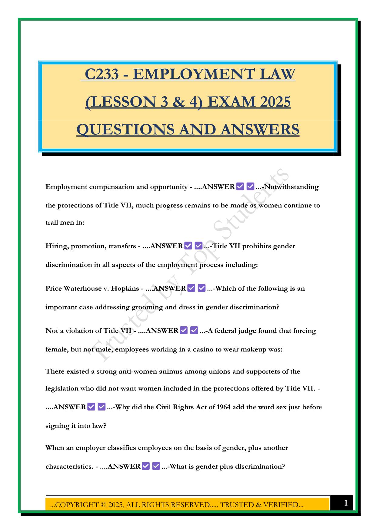 C233 - EMPLOYMENT LAW (LESSON 3 & 4) EXAM 2025 QUESTIONS AND ANSWERS