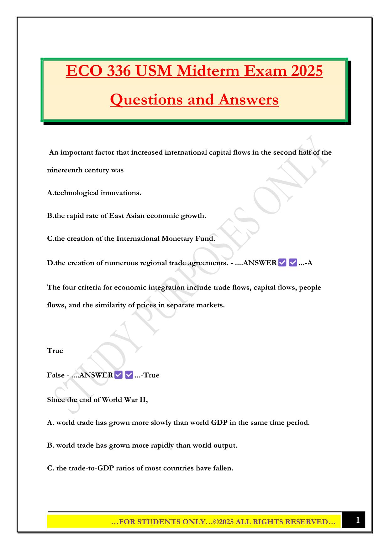 ECO 336 USM Midterm Exam 2025 Questions and Answers