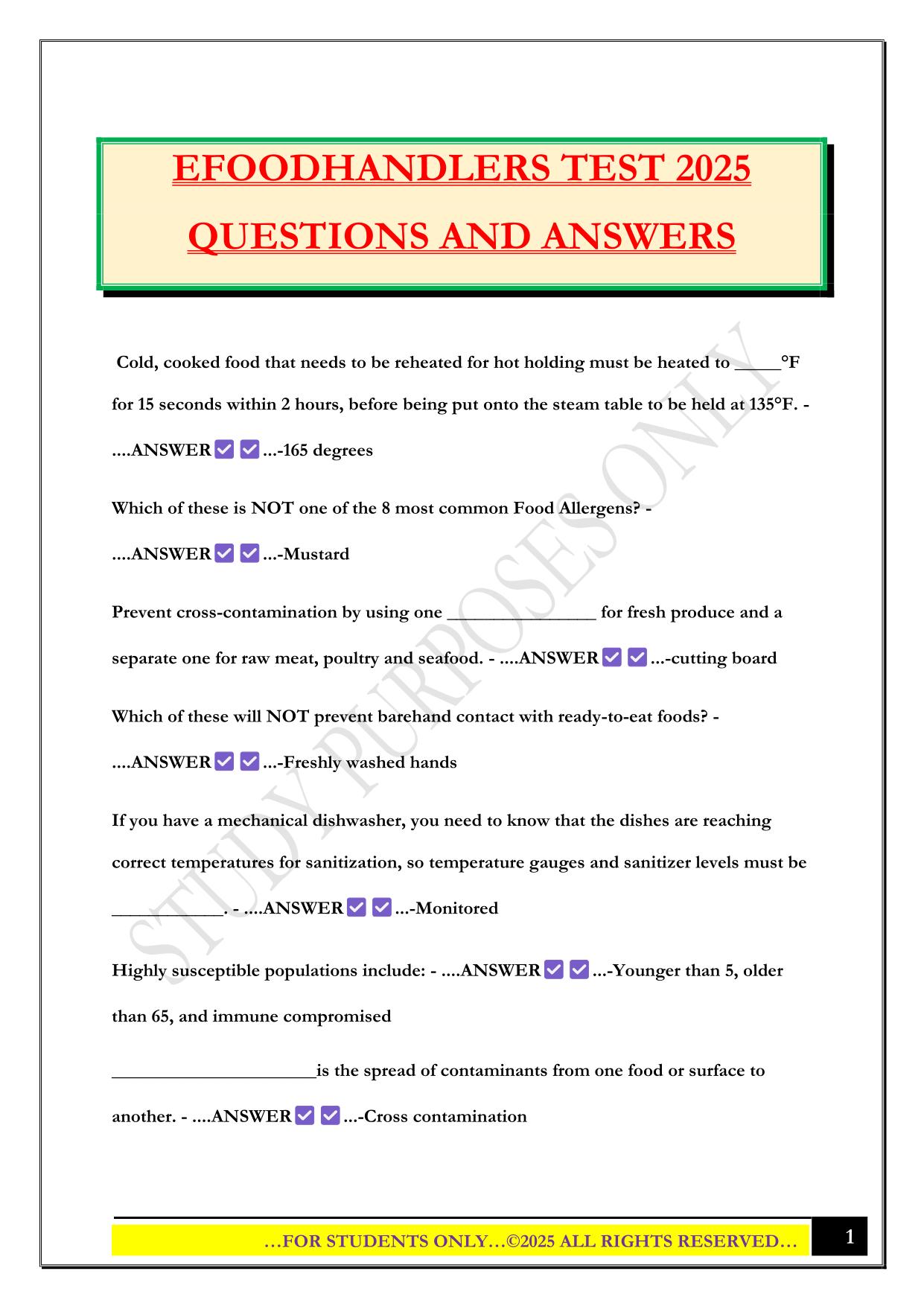 EFOODHANDLERS TEST 2025 QUESTIONS AND ANSWERS