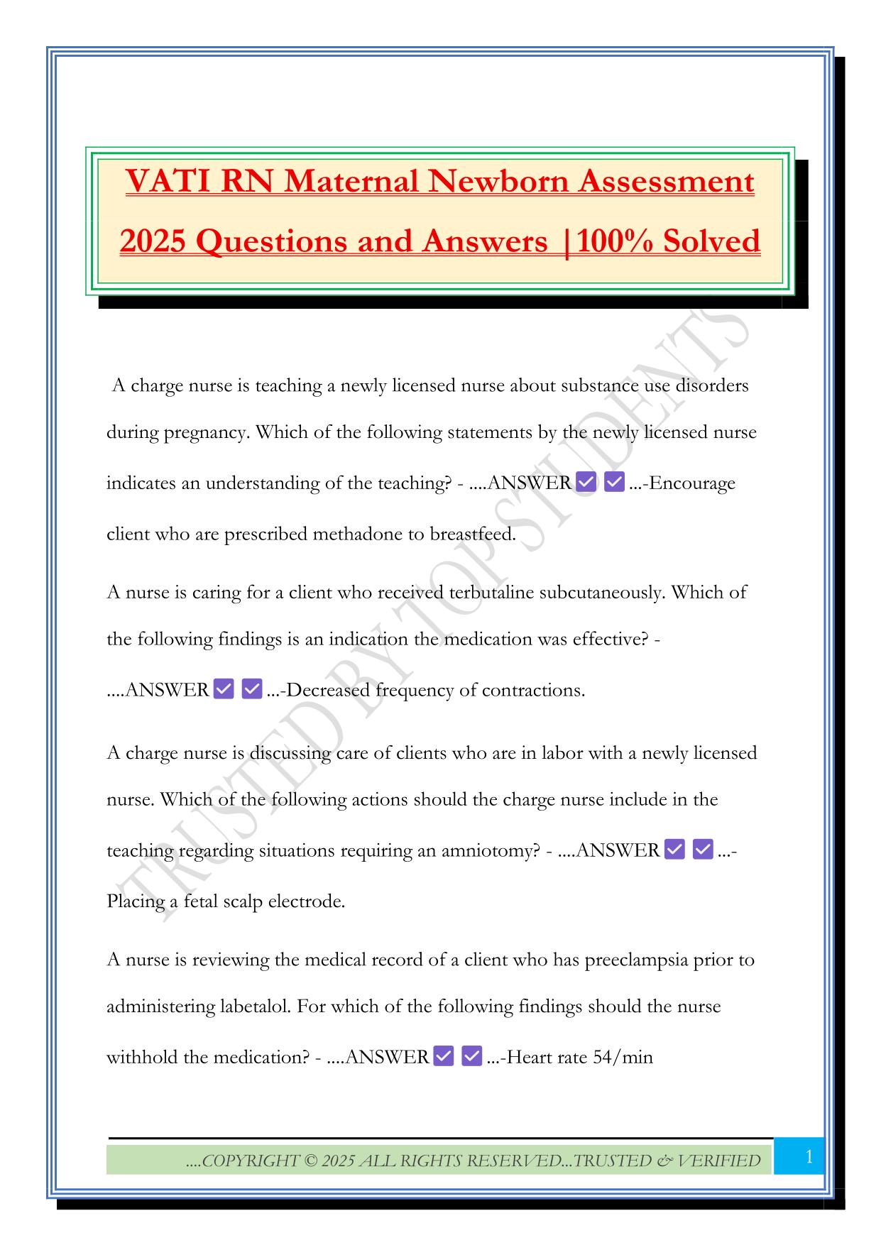 VATI RN Maternal Newborn Assessment 2025 Questions and Answers |100% Solved