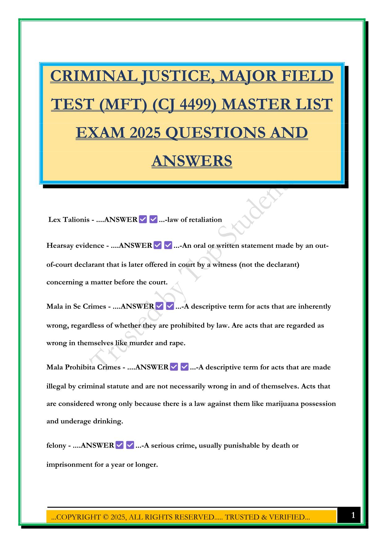 CRIMINAL JUSTICE, MAJOR FIELD TEST (MFT) (CJ 4499) MASTER LIST EXAM 2025 QUESTIONS AND ANSWERS