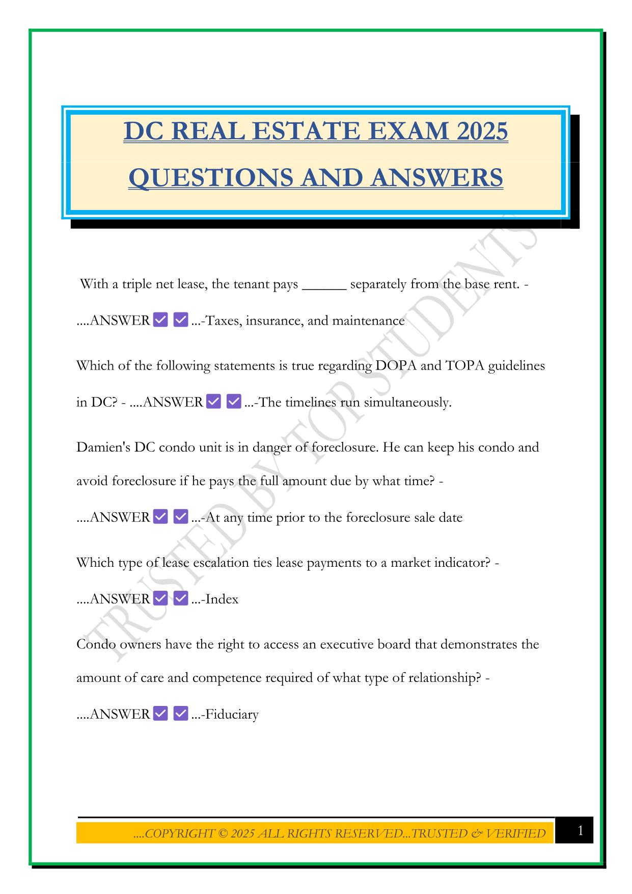 DC REAL ESTATE EXAM 2025 QUESTIONS AND ANSWERS