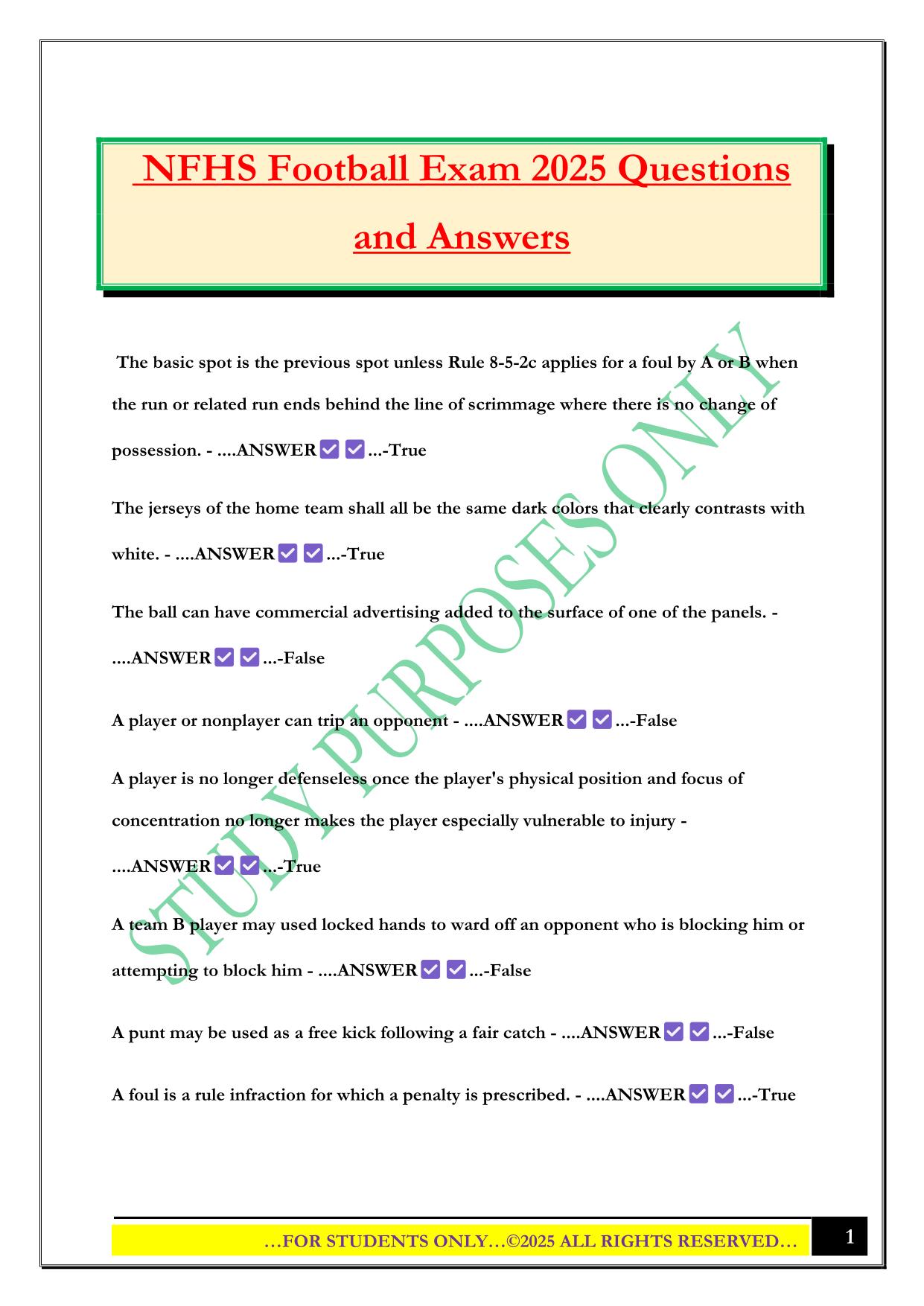 NFHS Football Exam 2025 Questions and Answers