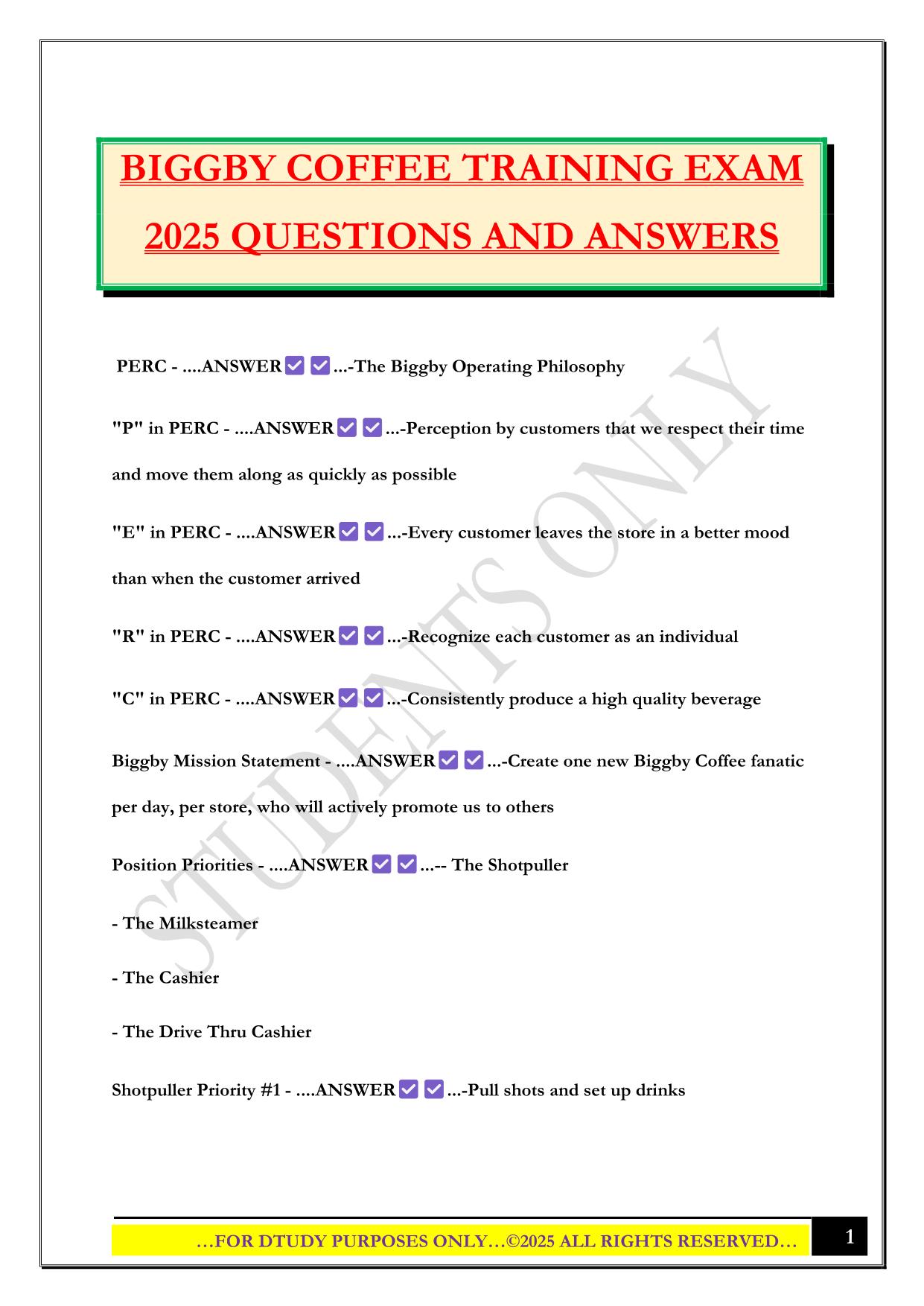 BIGGBY COFFEE TRAINING EXAM 2025 QUESTIONS AND ANSWERS
