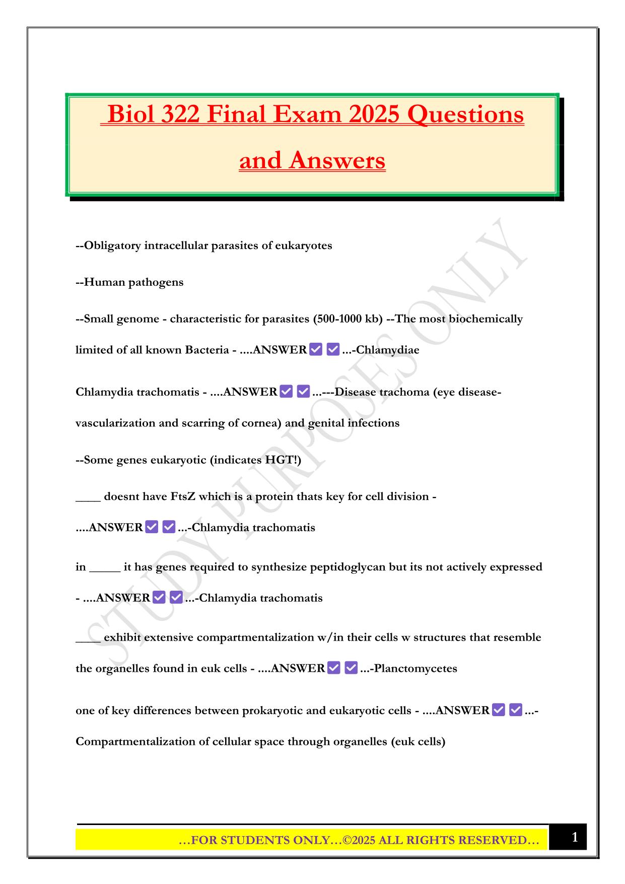 Biol 322 Final Exam 2025 Questions and Answers