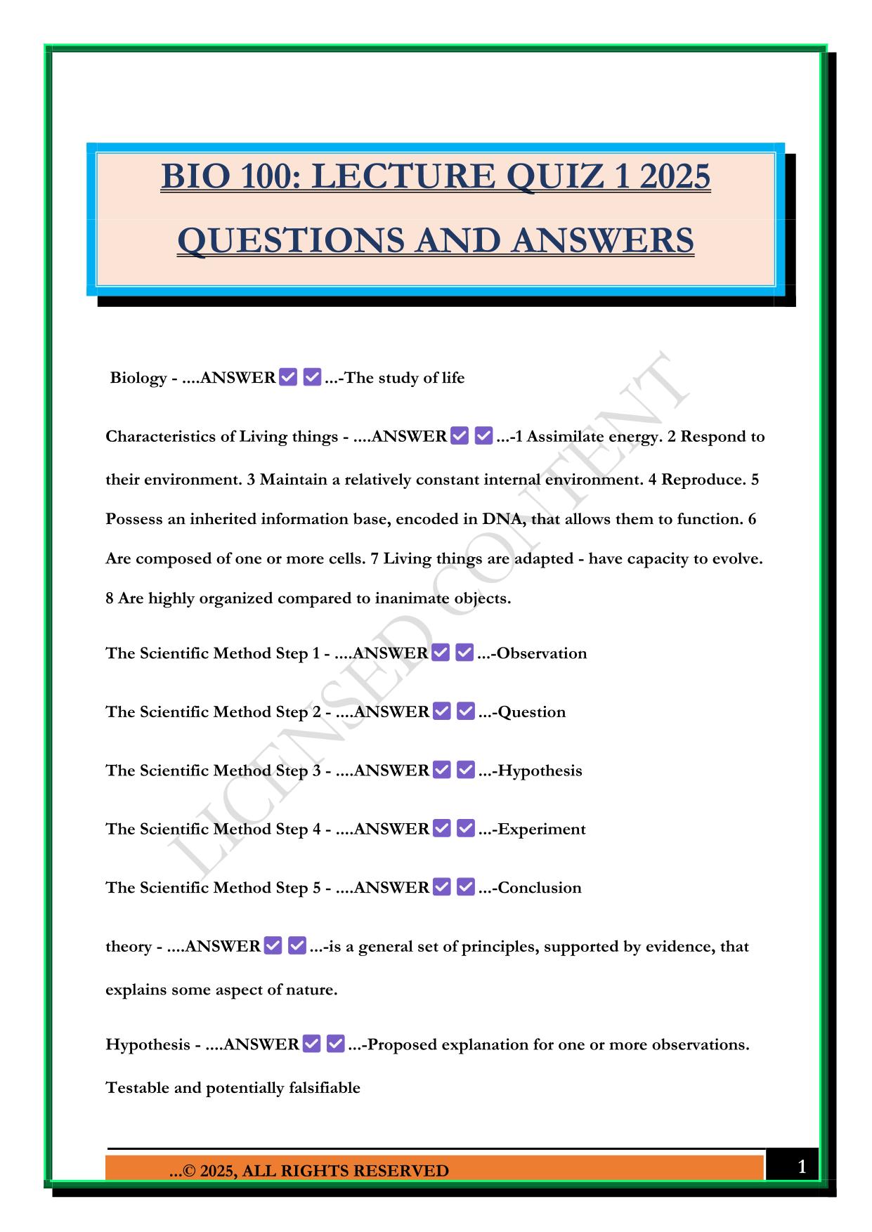 BIO 100: LECTURE QUIZ 1 2025 QUESTIONS AND ANSWERS