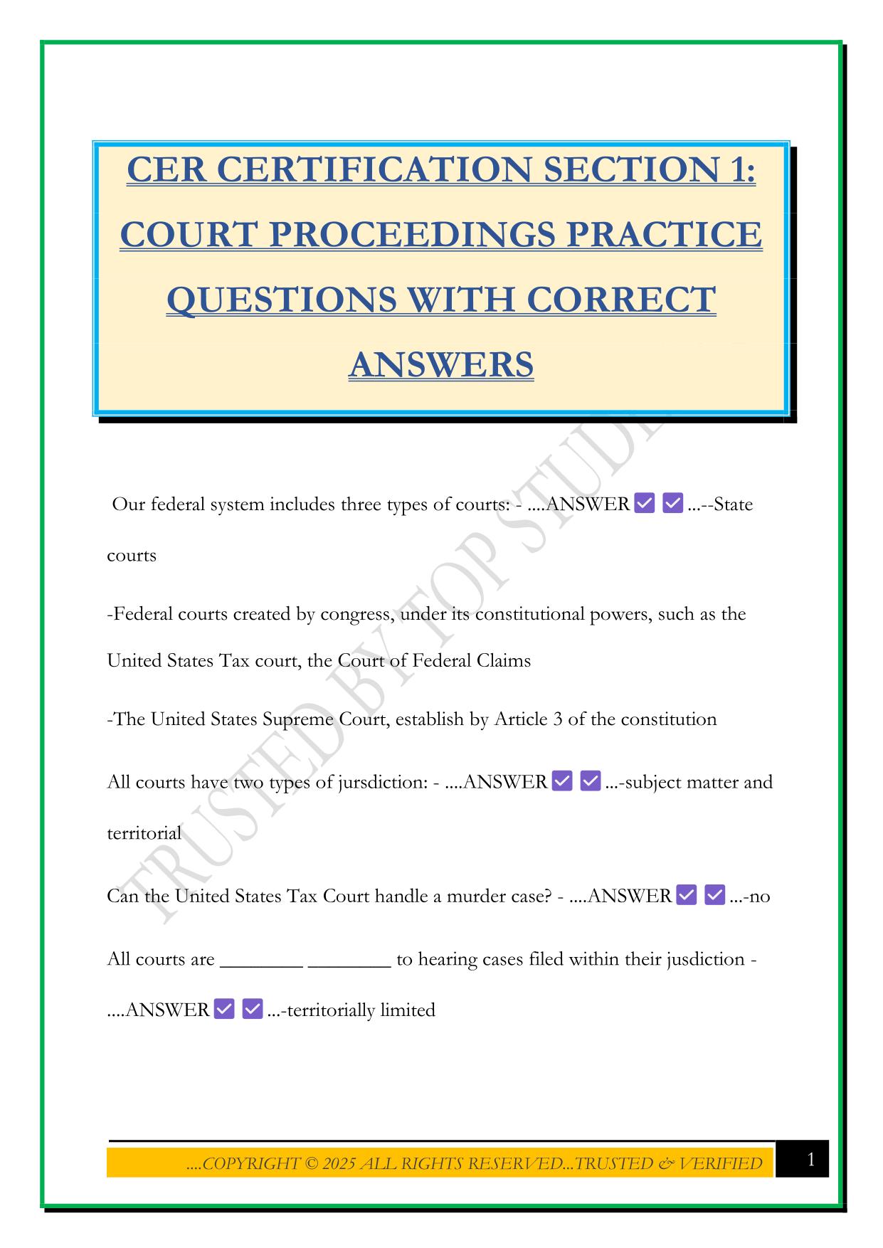 CER CERTIFICATION SECTION 1: COURT PROCEEDINGS PRACTICE QUESTIONS WITH CORRECT ANSWERS