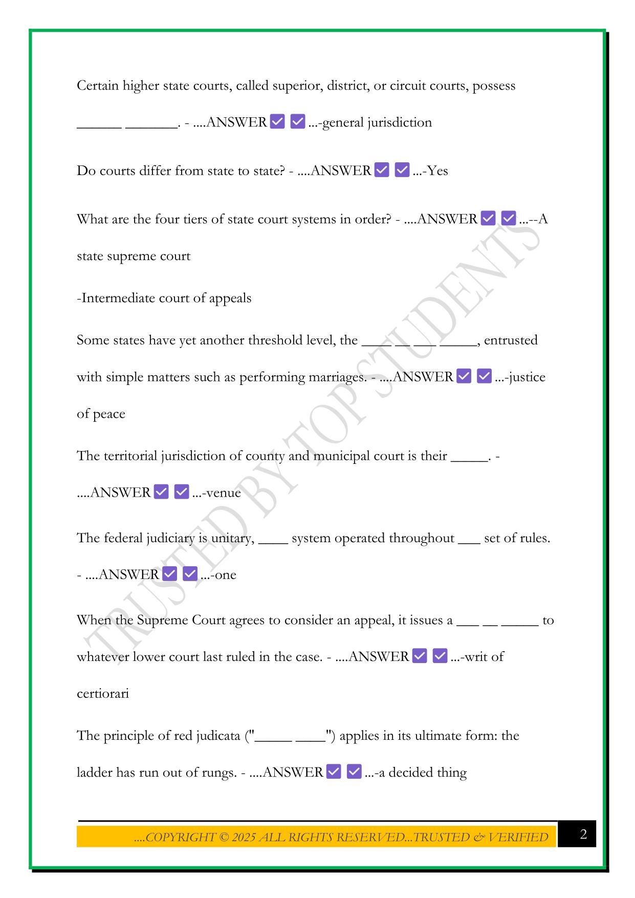 CER CERTIFICATION SECTION 1: COURT PROCEEDINGS PRACTICE QUESTIONS WITH CORRECT ANSWERS