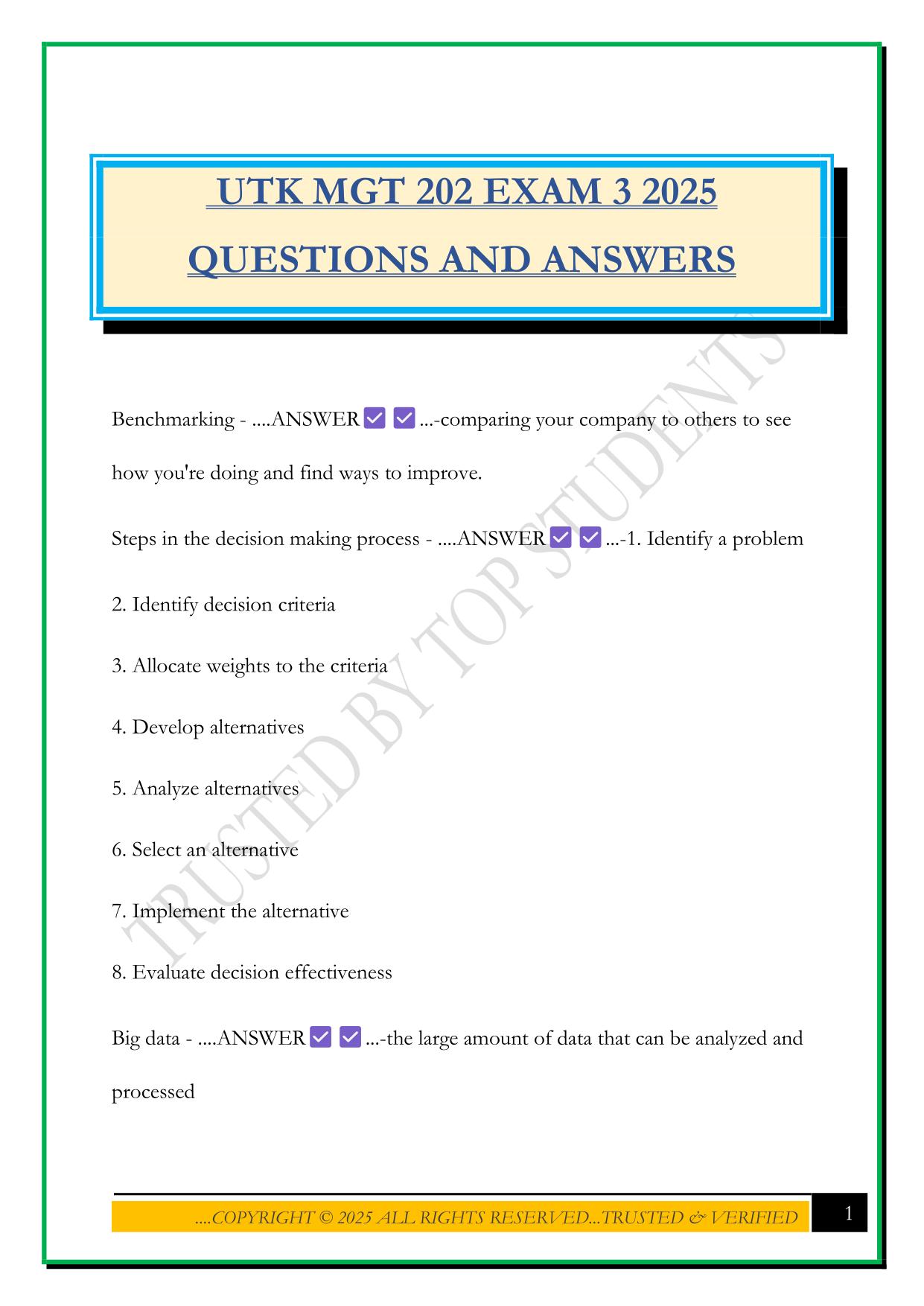UTK MGT 202 EXAM 3 2025 QUESTIONS AND ANSWERS