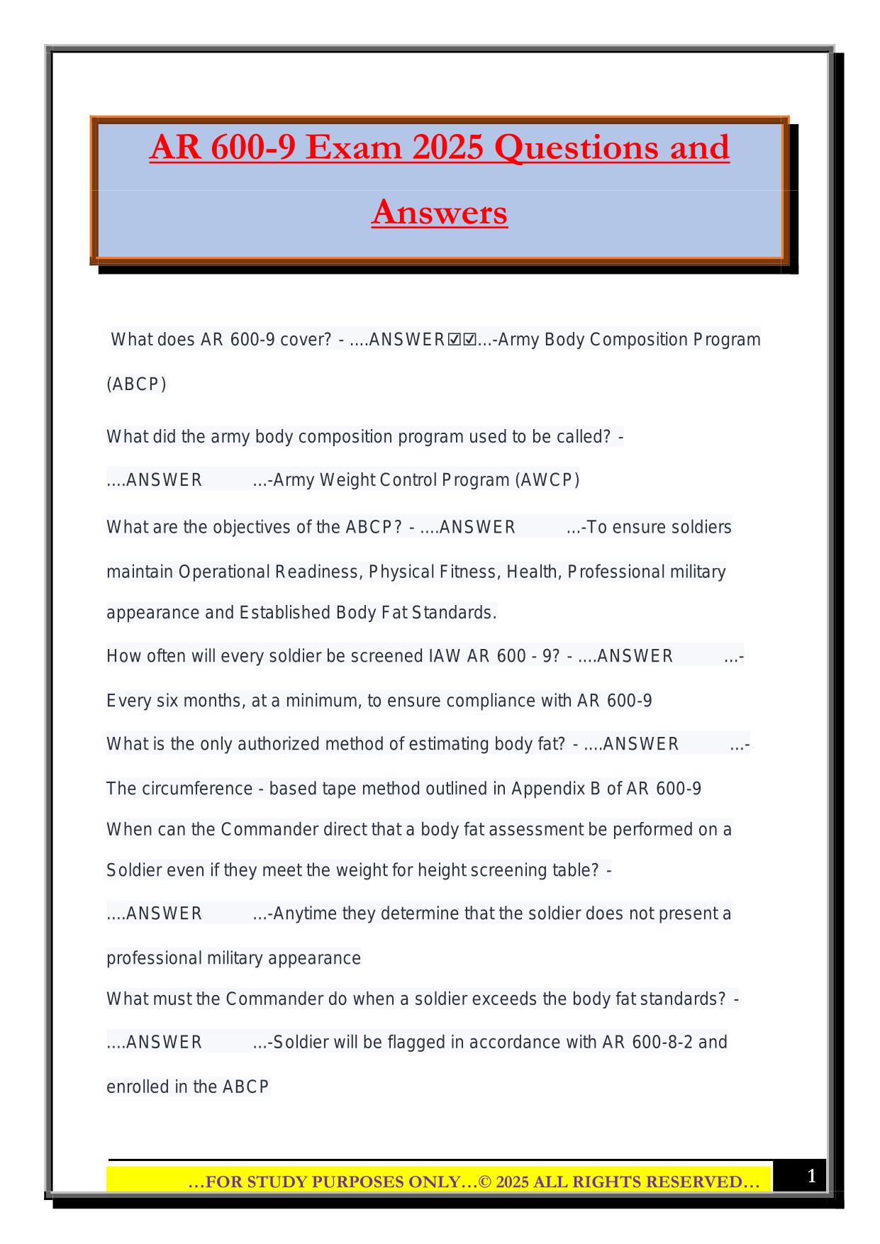 AR 600-9 Exam 2025 Questions and Answers