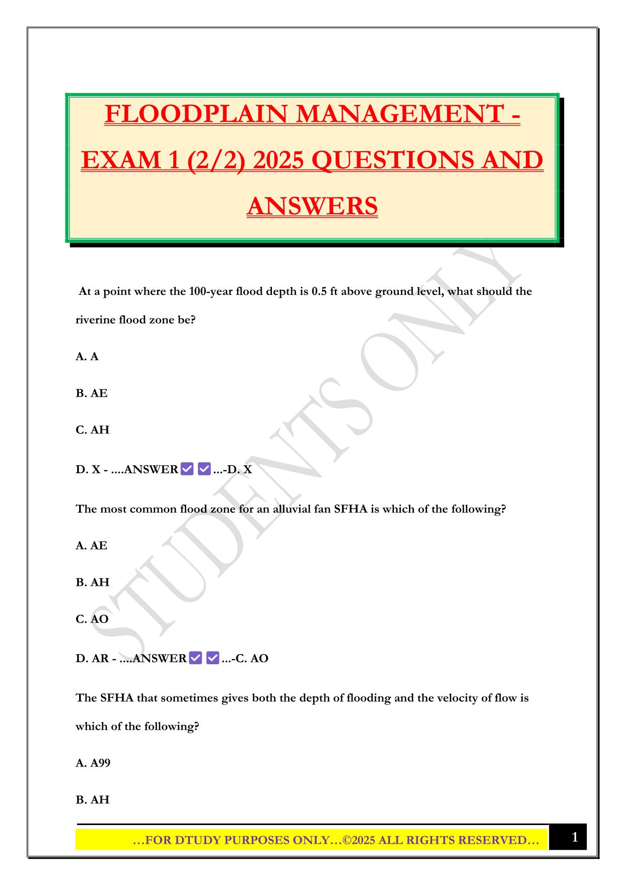 FLOODPLAIN MANAGEMENT - EXAM 1 (2/2) 2025 QUESTIONS AND ANSWERS