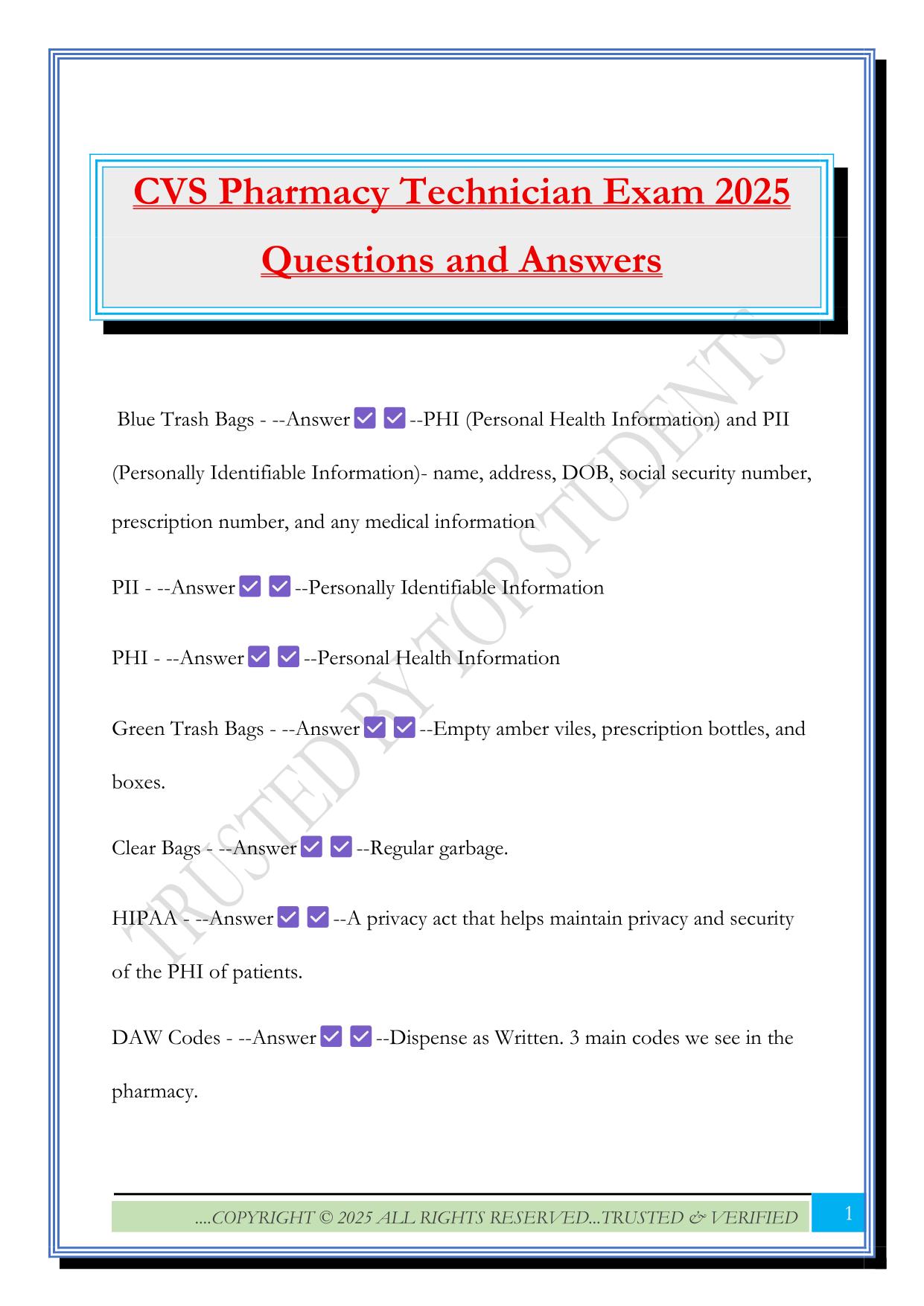 CVS Pharmacy Technician Exam 2025 Questions and Answers