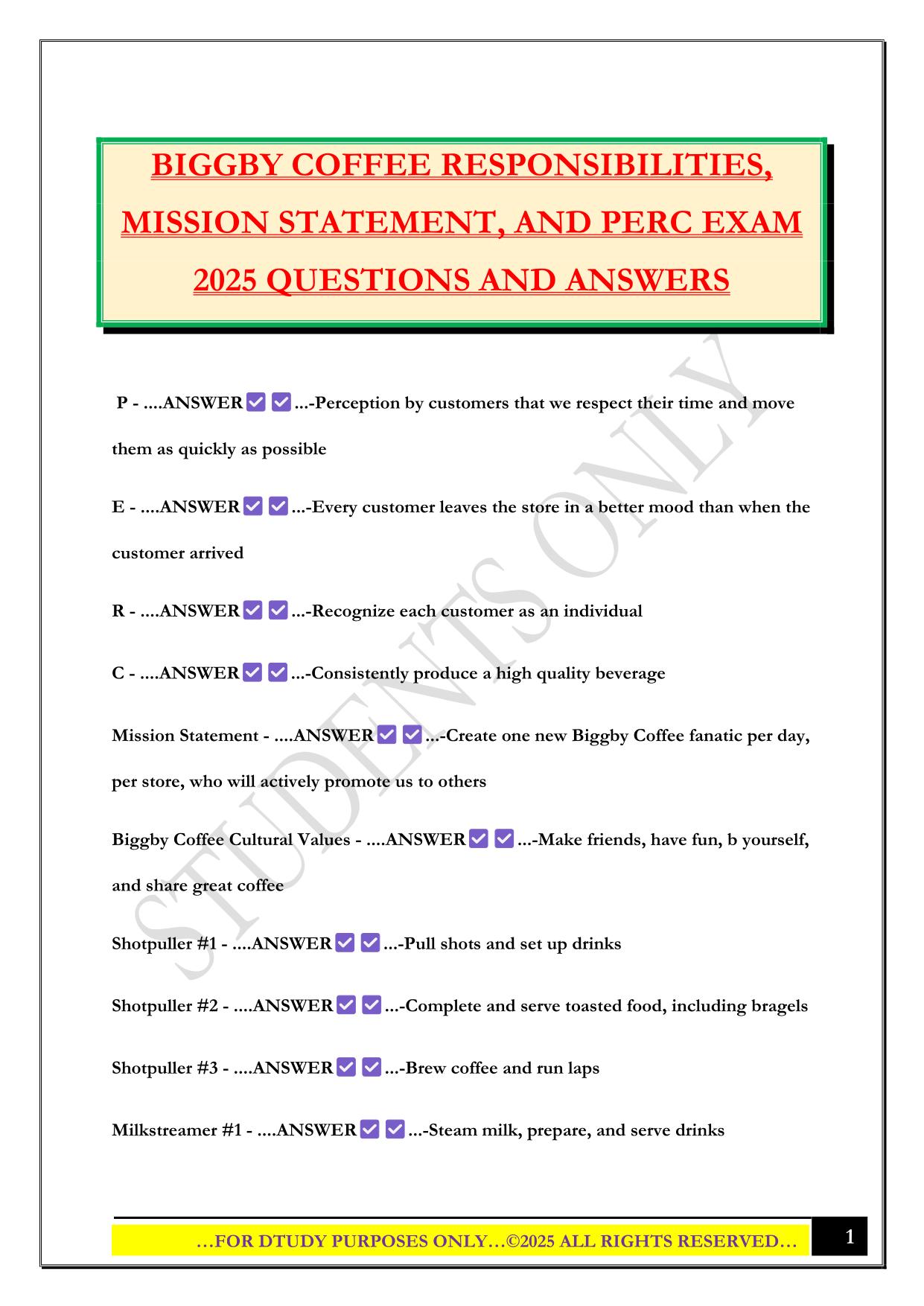 BIGGBY COFFEE RESPONSIBILITIES, MISSION STATEMENT, AND PERC EXAM 2025 QUESTIONS AND ANSWERS