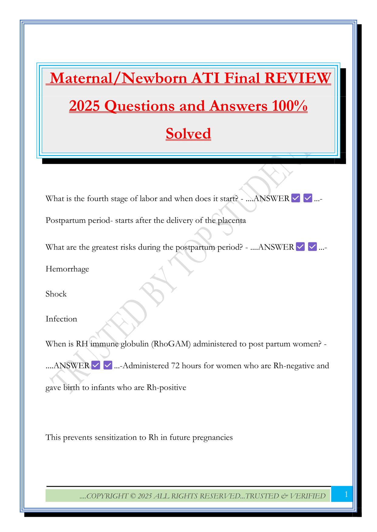 Maternal/Newborn ATI Final REVIEW 2025 Questions and Answers 100% Solved