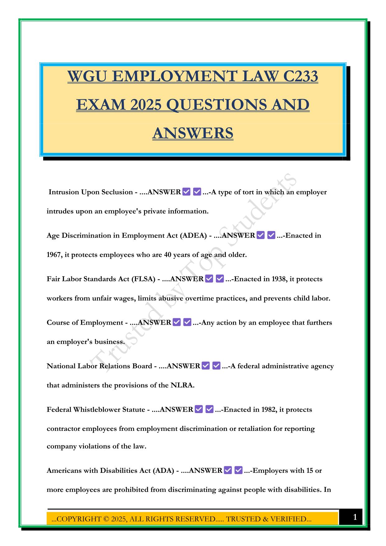 WGU EMPLOYMENT LAW C233 EXAM 2025 QUESTIONS AND ANSWERS