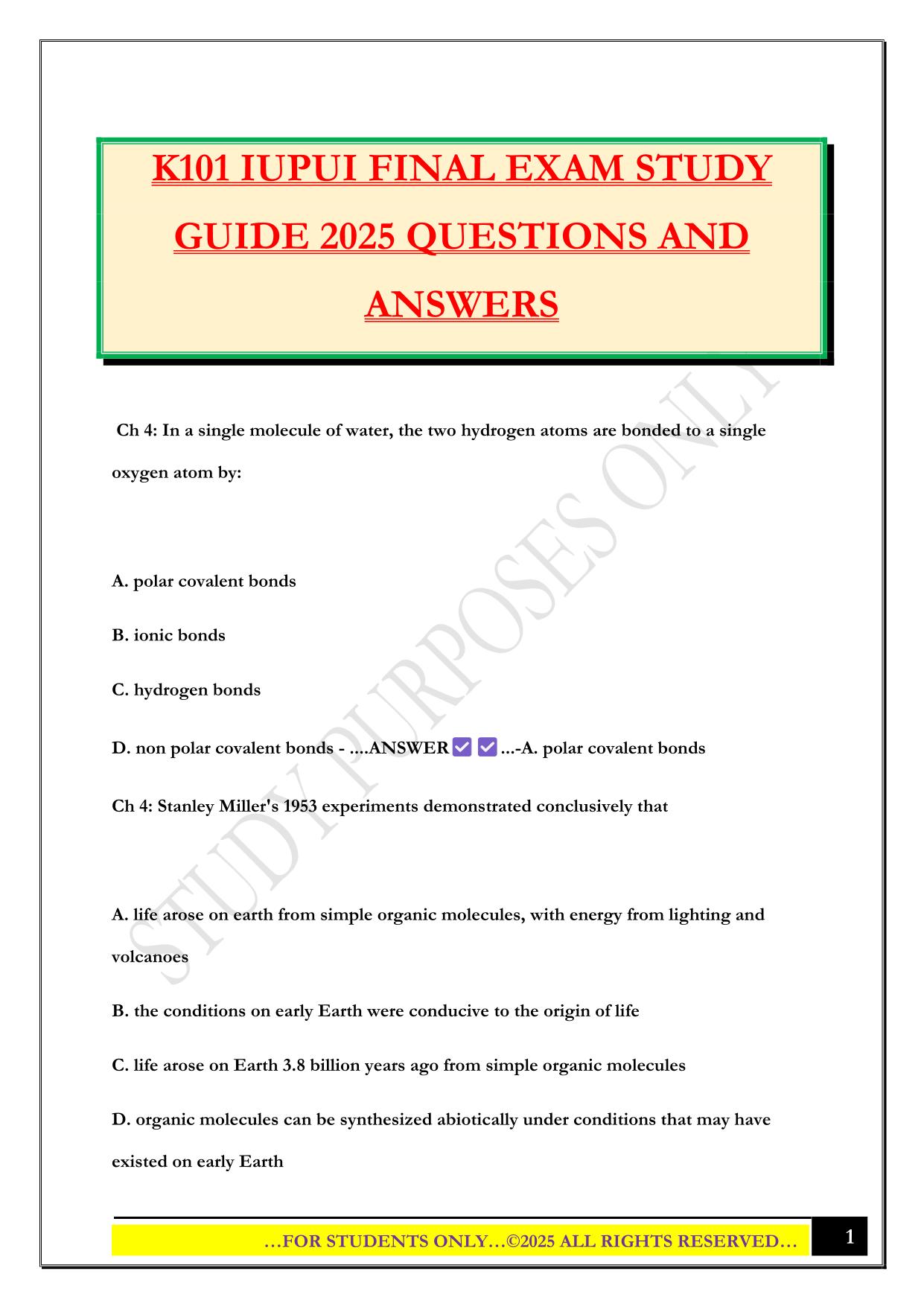 K101 IUPUI FINAL EXAM STUDY GUIDE 2025 QUESTIONS AND ANSWERS