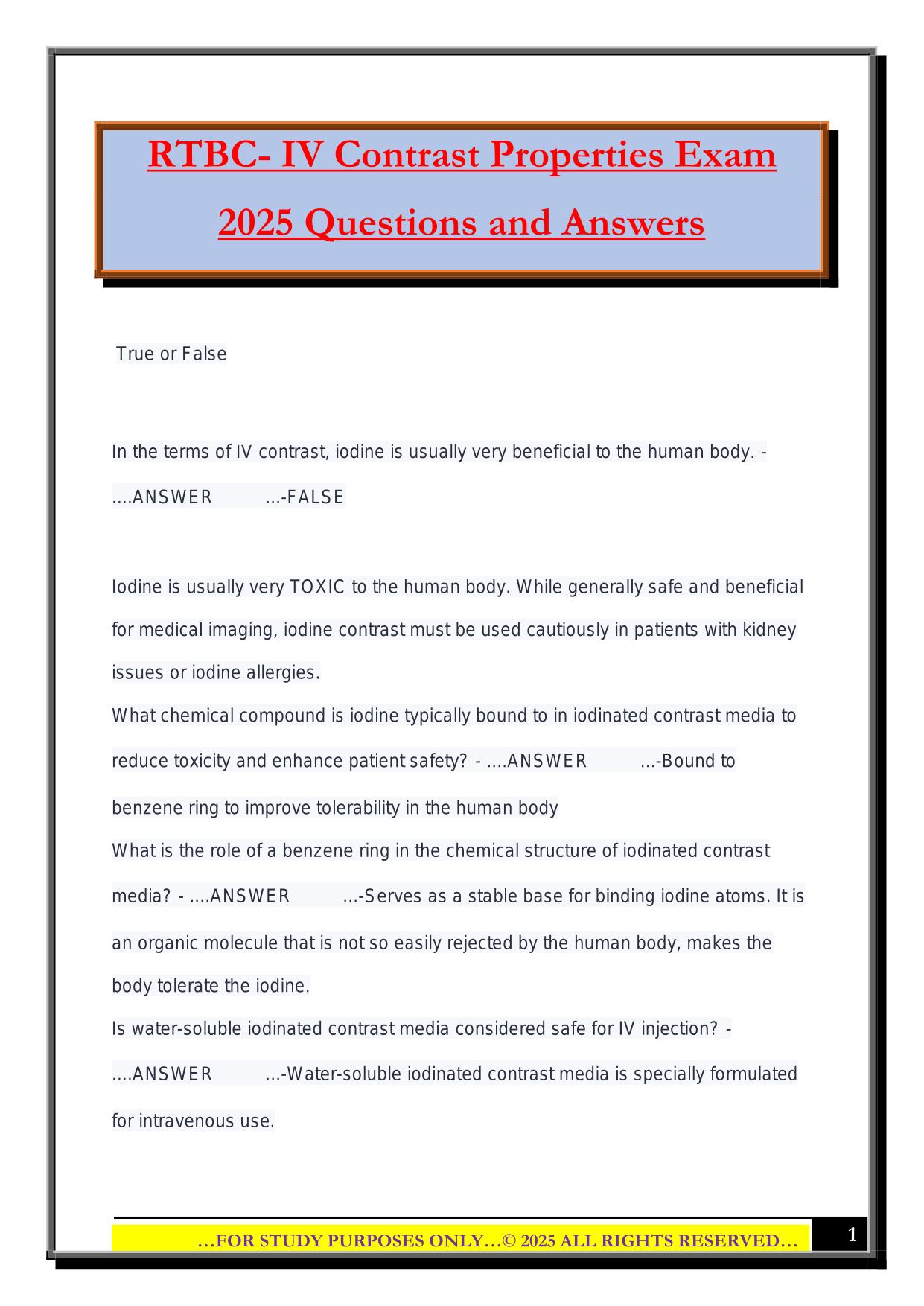 RTBC- IV Contrast Properties Exam 2025 Questions and Answers