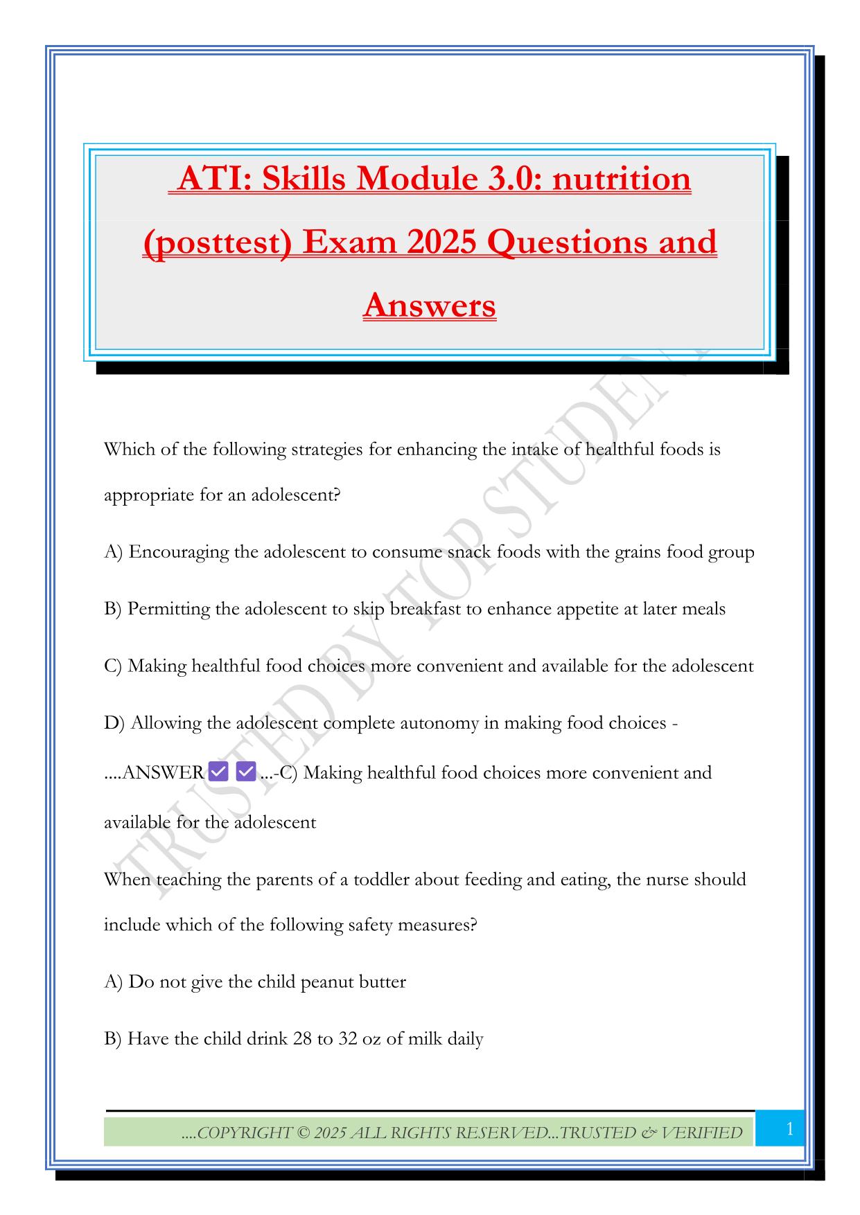 ATI: Skills Module 3.0: nutrition (posttest) Exam 2025 Questions and Answers
