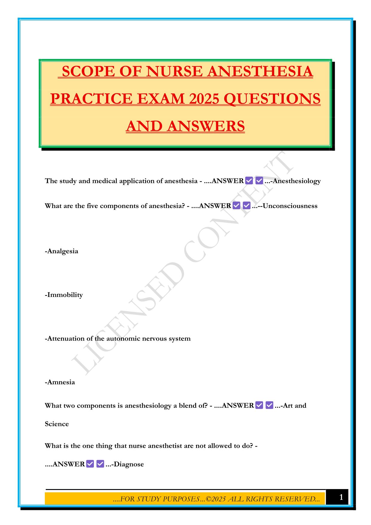 SCOPE OF NURSE ANESTHESIA PRACTICE EXAM 2025 QUESTIONS AND ANSWERS