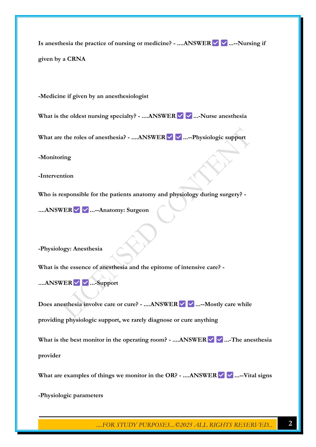 SCOPE OF NURSE ANESTHESIA PRACTICE EXAM 2025 QUESTIONS AND ANSWERS