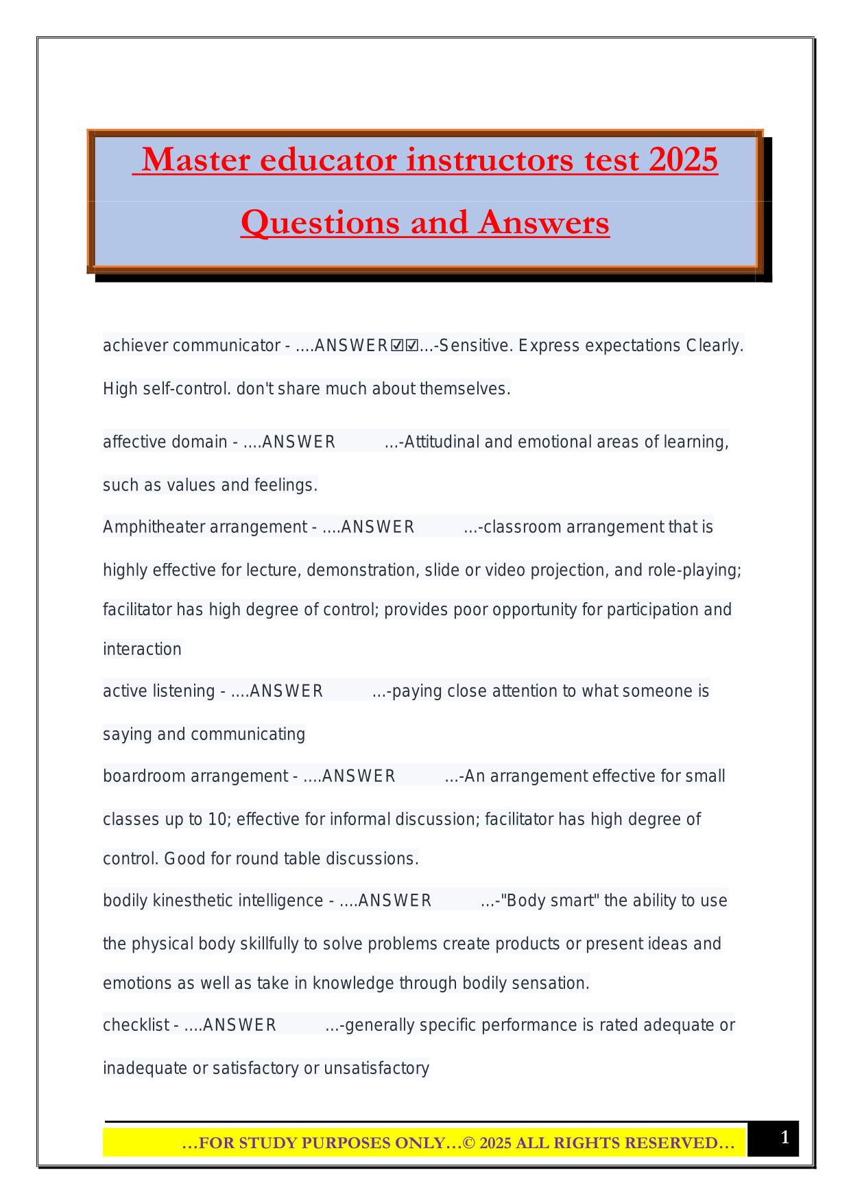 Master educator instructors test 2025 Questions and Answers