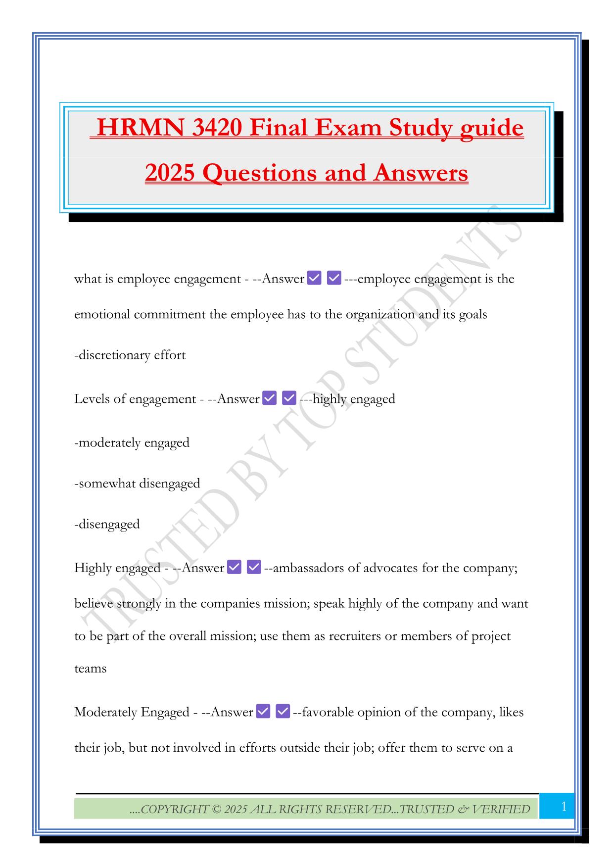 HRMN 3420 Final Exam Study guide 2025 Questions and Answers