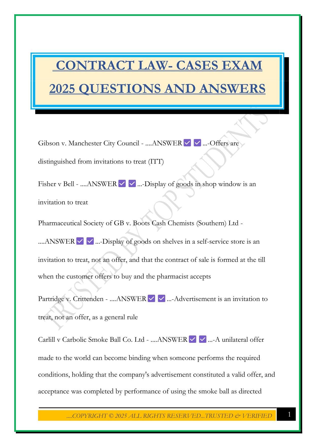 CONTRACT LAW- CASES EXAM 2025 QUESTIONS AND ANSWERS