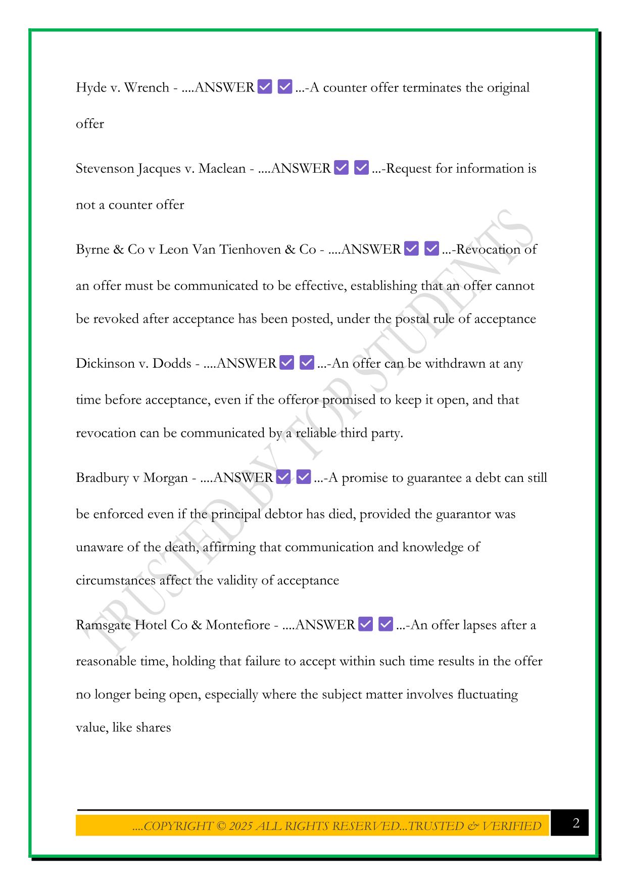 CONTRACT LAW- CASES EXAM 2025 QUESTIONS AND ANSWERS