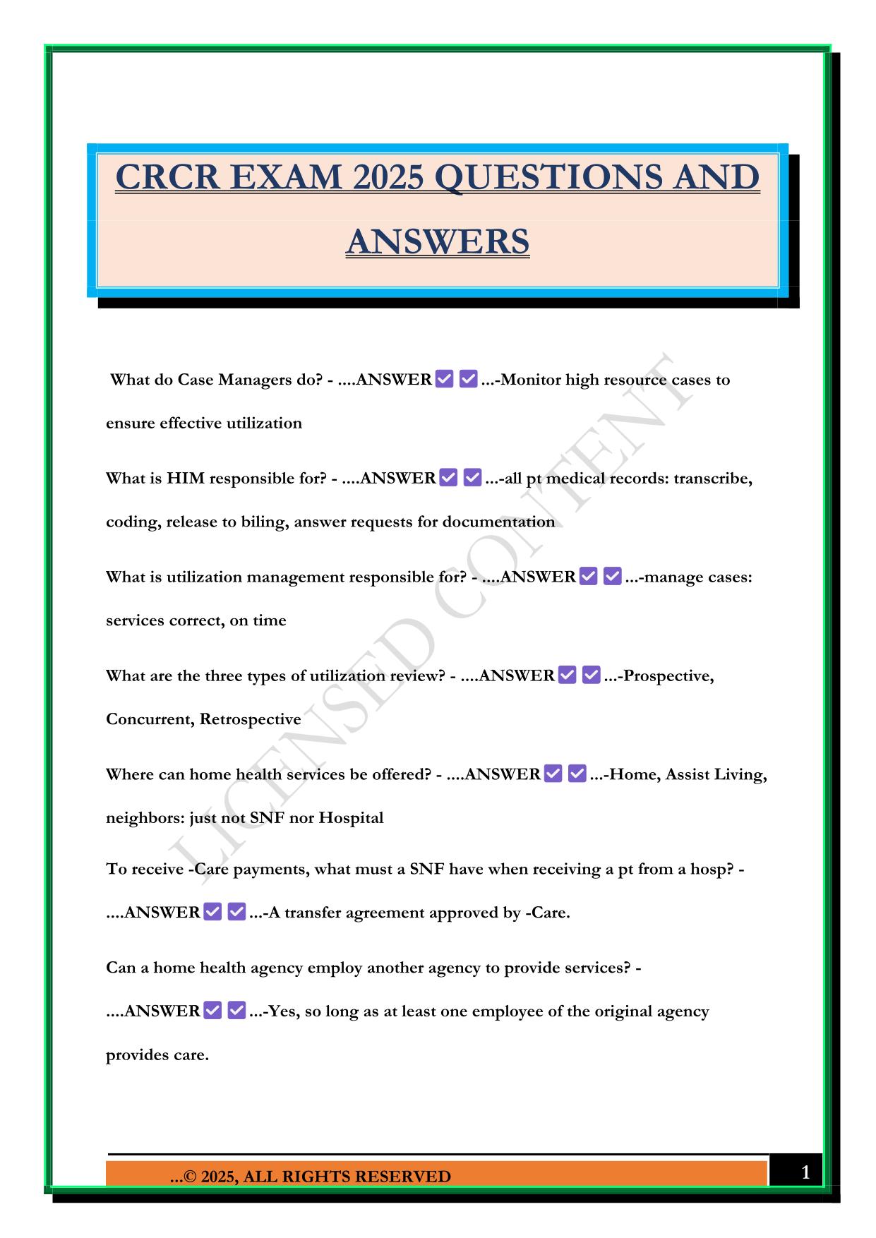 CRCR EXAM 2025 QUESTIONS AND ANSWERS