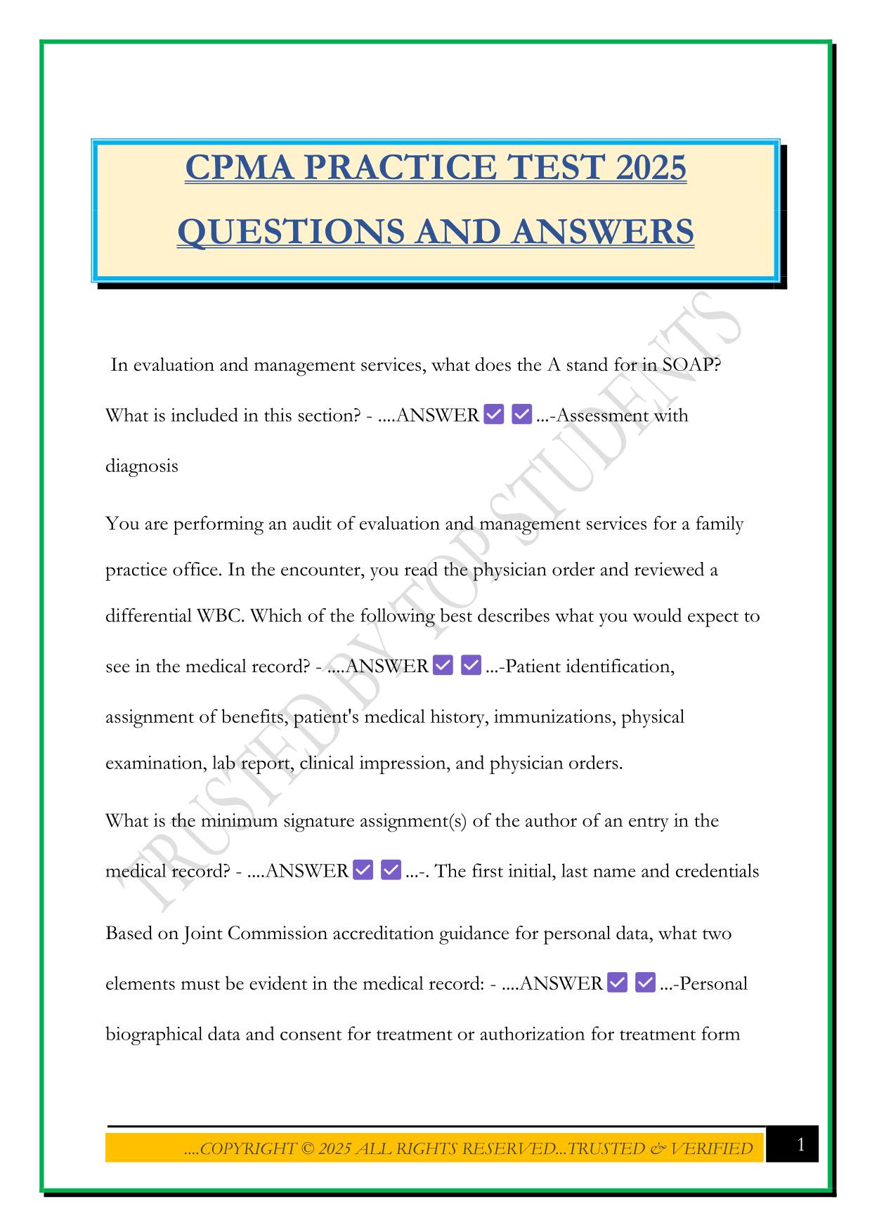 CPMA PRACTICE TEST 2025 QUESTIONS AND ANSWERS