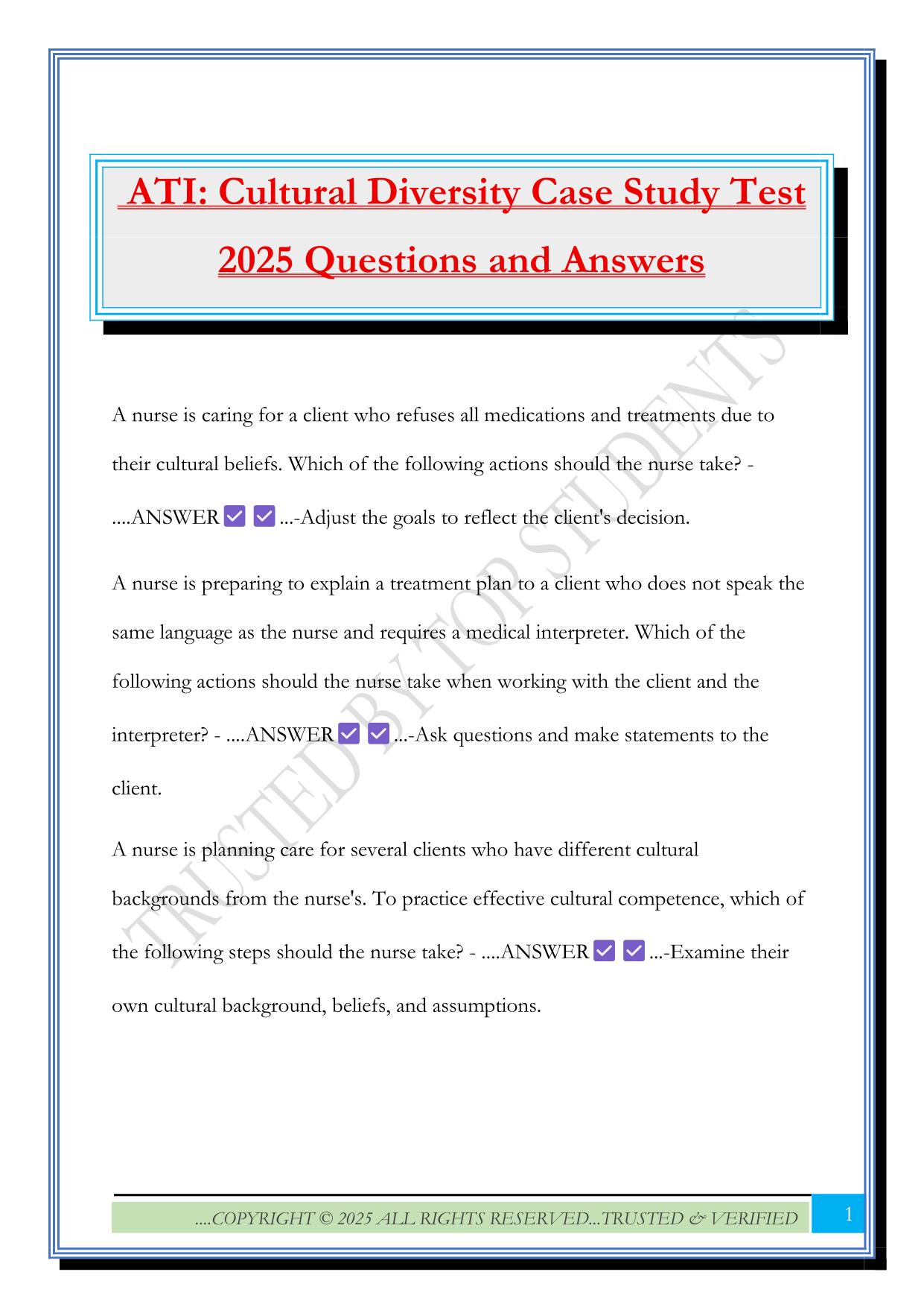 ATI: Cultural Diversity Case Study Test 2025 Questions and Answers