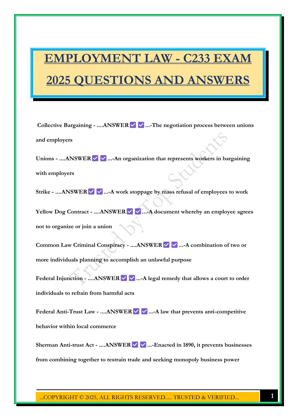 EMPLOYMENT LAW - C233 EXAM 2025 QUESTIONS AND ANSWERS