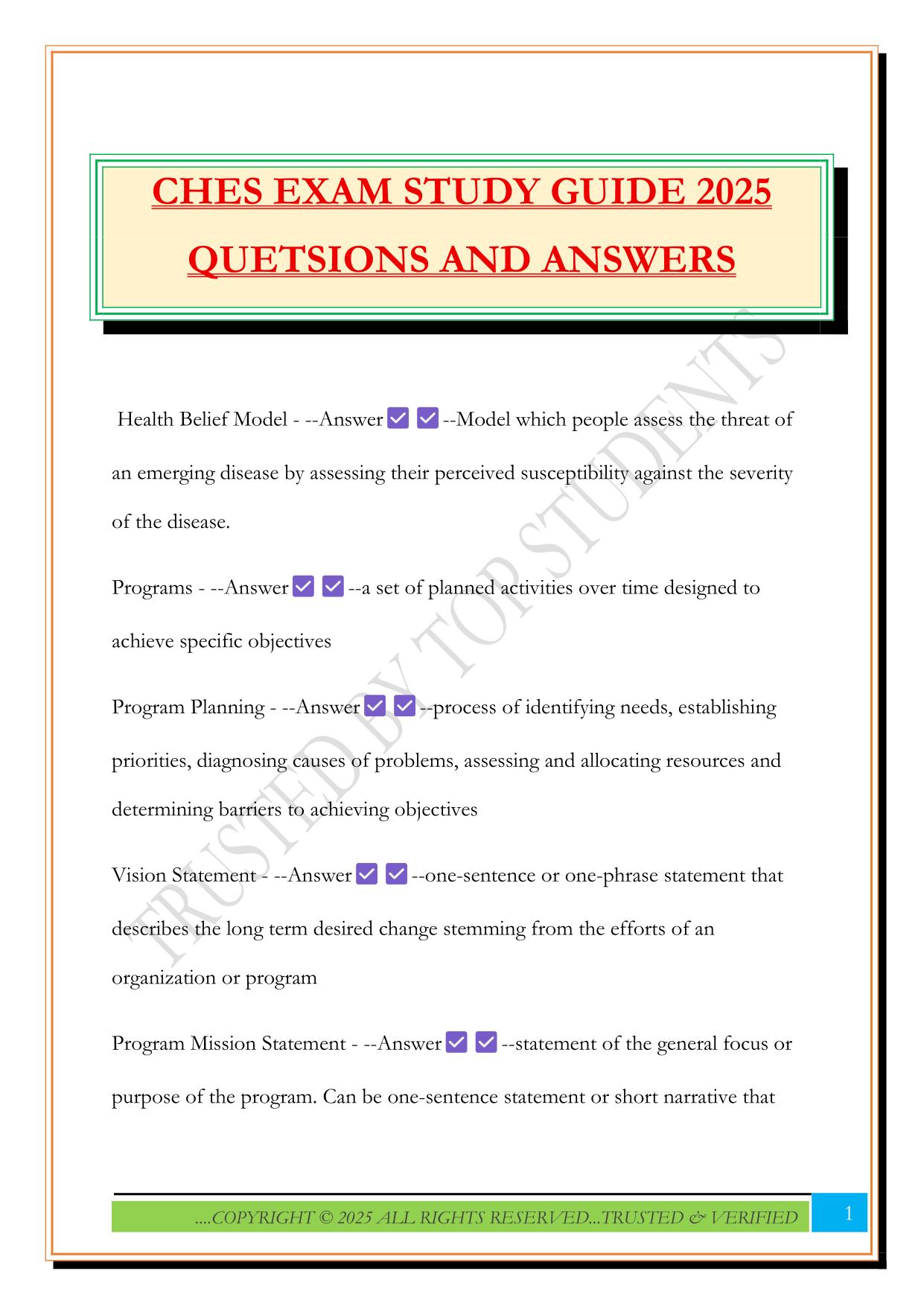 CHES EXAM STUDY GUIDE 2025 QUETSIONS AND ANSWERS