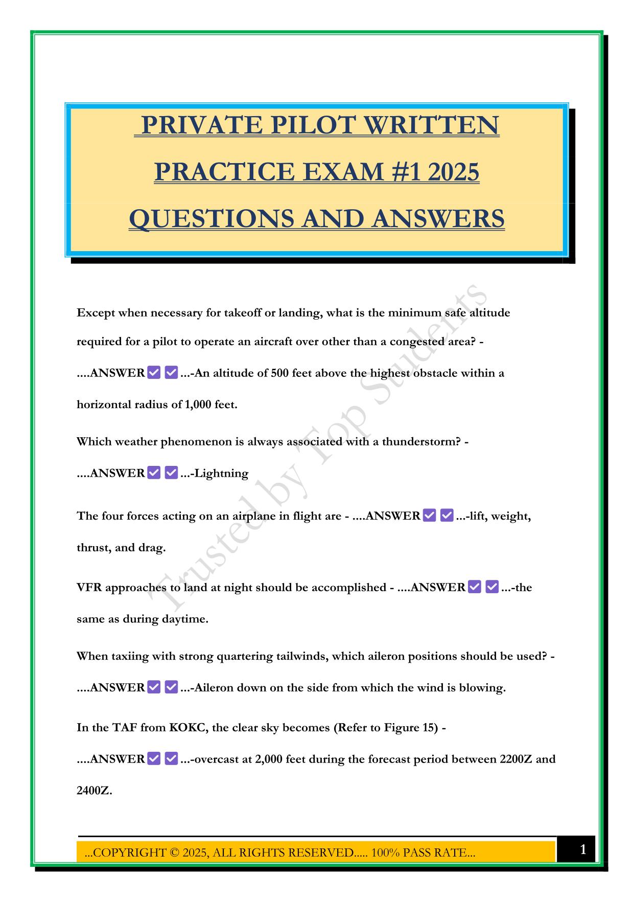PRIVATE PILOT WRITTEN PRACTICE EXAM #1 2025 QUESTIONS AND ANSWERS