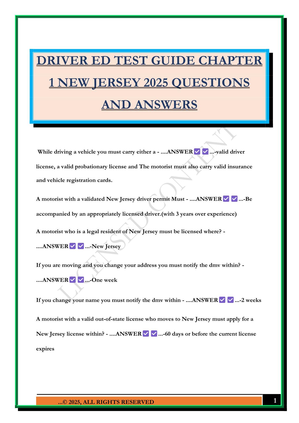 DRIVER ED TEST GUIDE CHAPTER 1 NEW JERSEY 2025 QUESTIONS AND ANSWERS