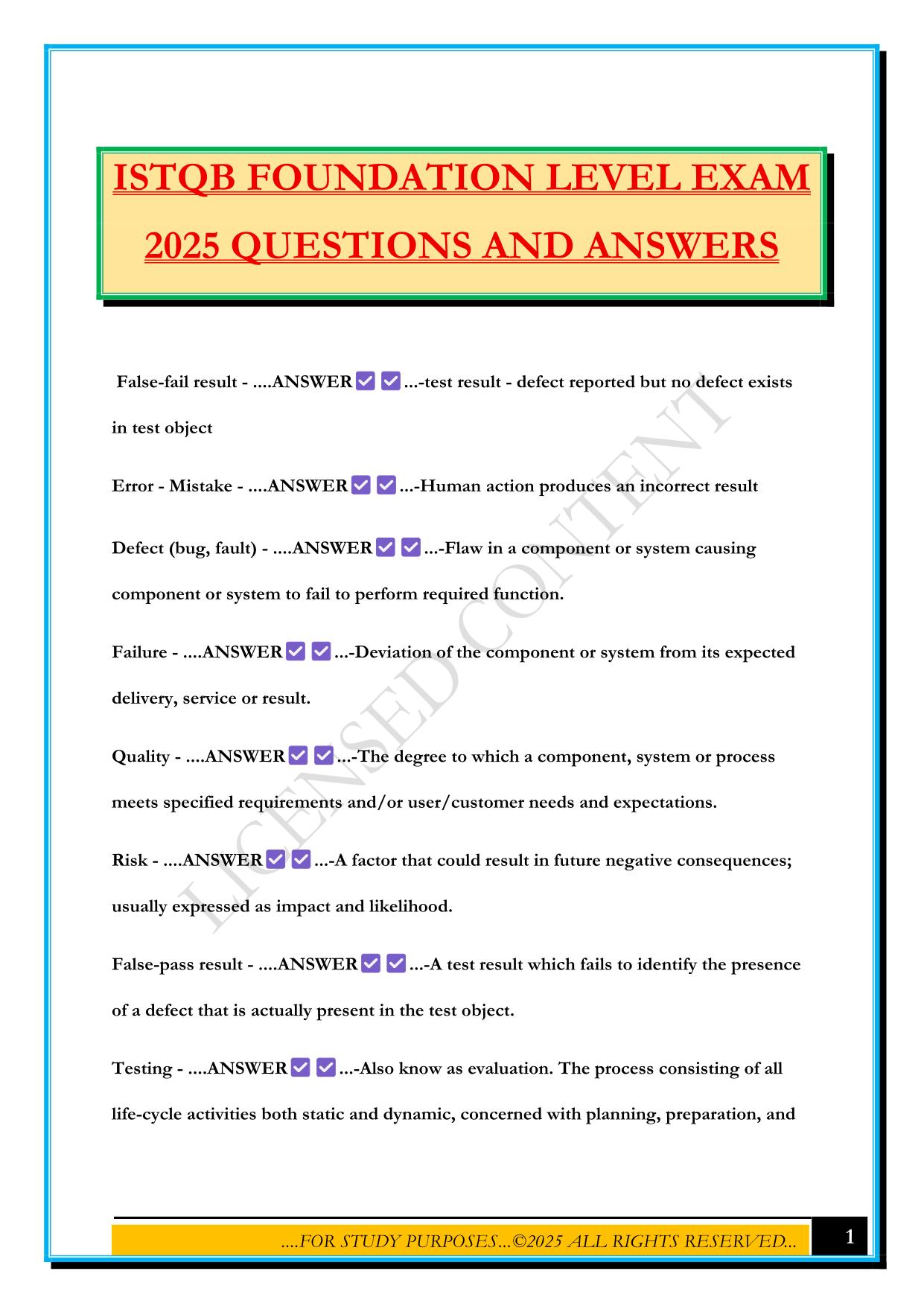 ISTQB FOUNDATION LEVEL EXAM 2025 QUESTIONS AND ANSWERS