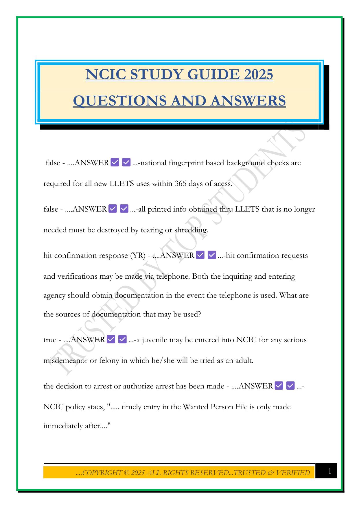 NCIC STUDY GUIDE 2025 QUESTIONS AND ANSWERS