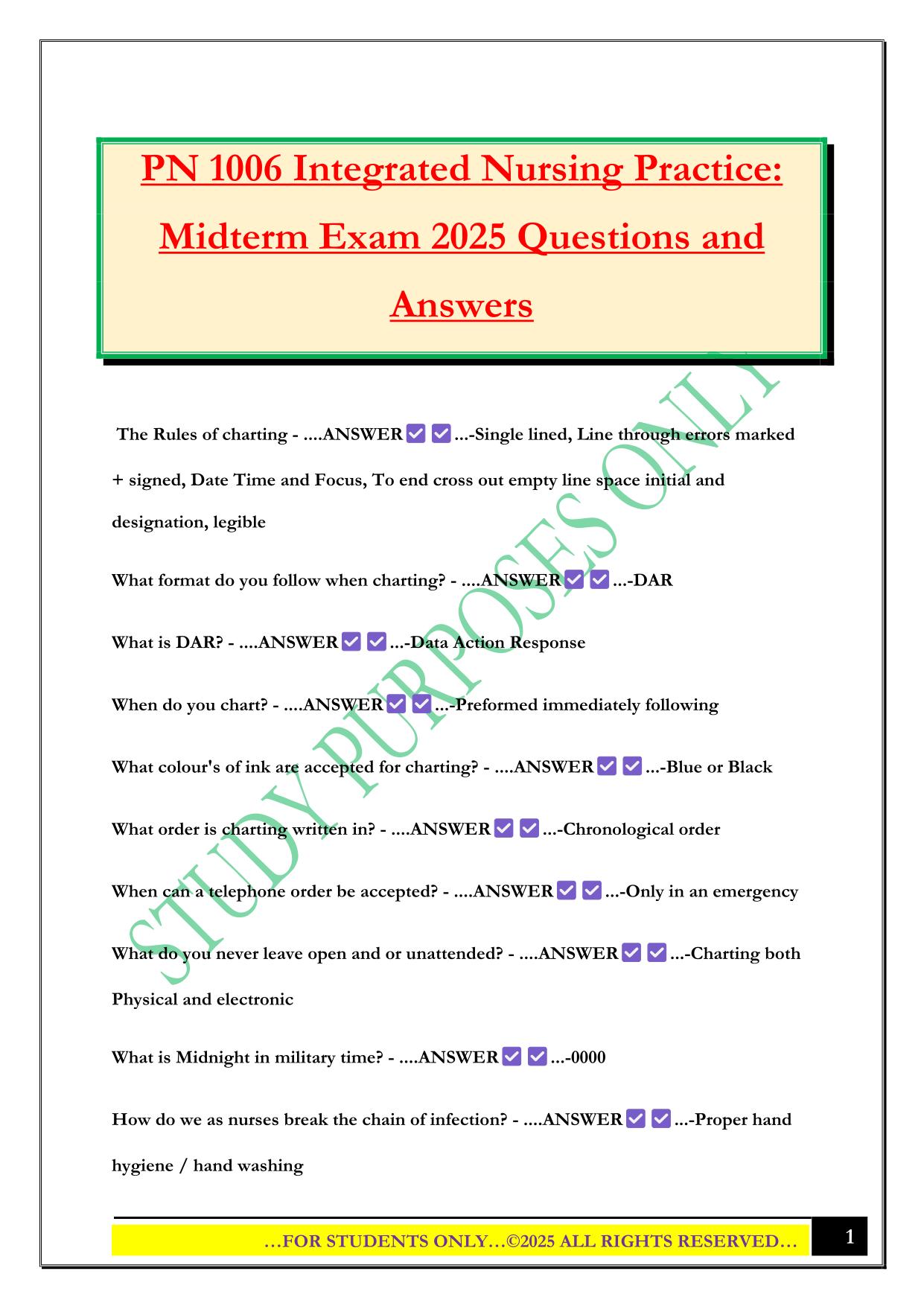 PN 1006 Integrated Nursing Practice: Midterm Exam 2025 Questions and Answers