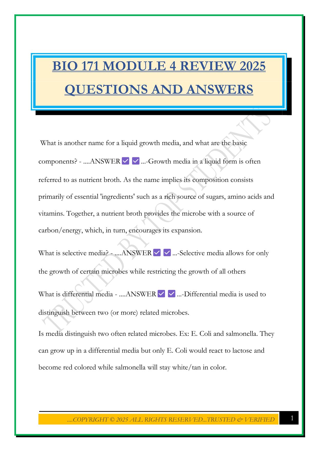 BIO 171 MODULE 4 REVIEW 2025 QUESTIONS AND ANSWERS