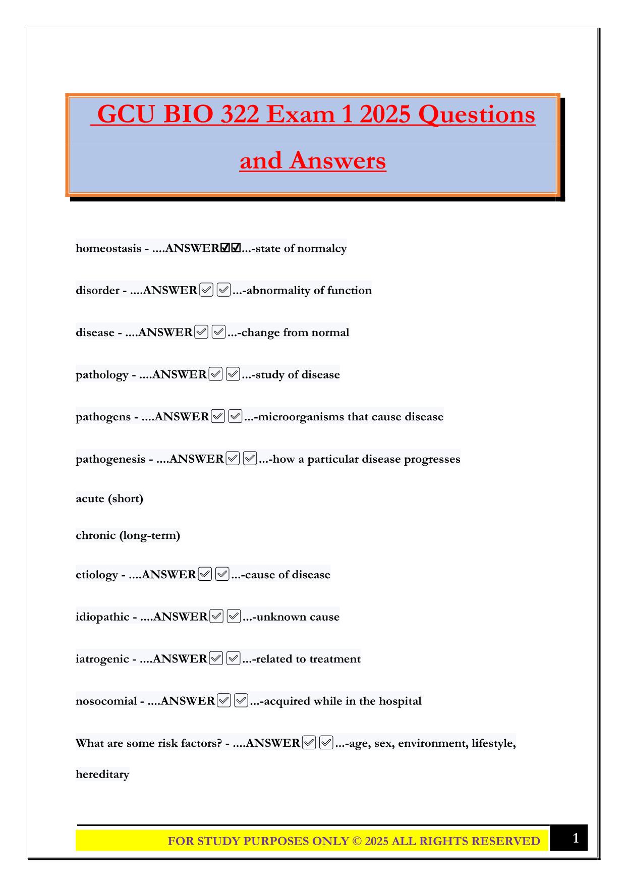 GCU BIO 322 Exam 1 2025 Questions and Answers