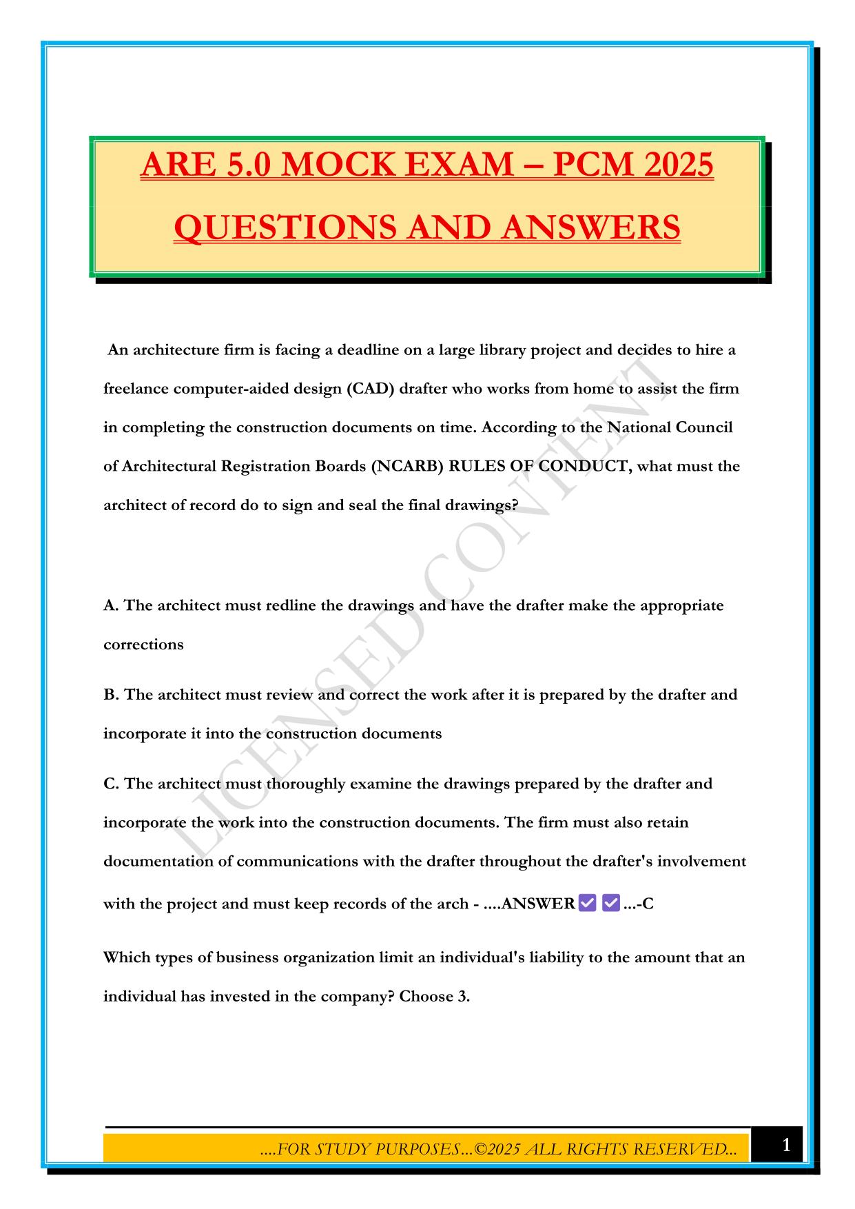 ARE 5.0 MOCK EXAM – PCM 2025 QUESTIONS AND ANSWERS