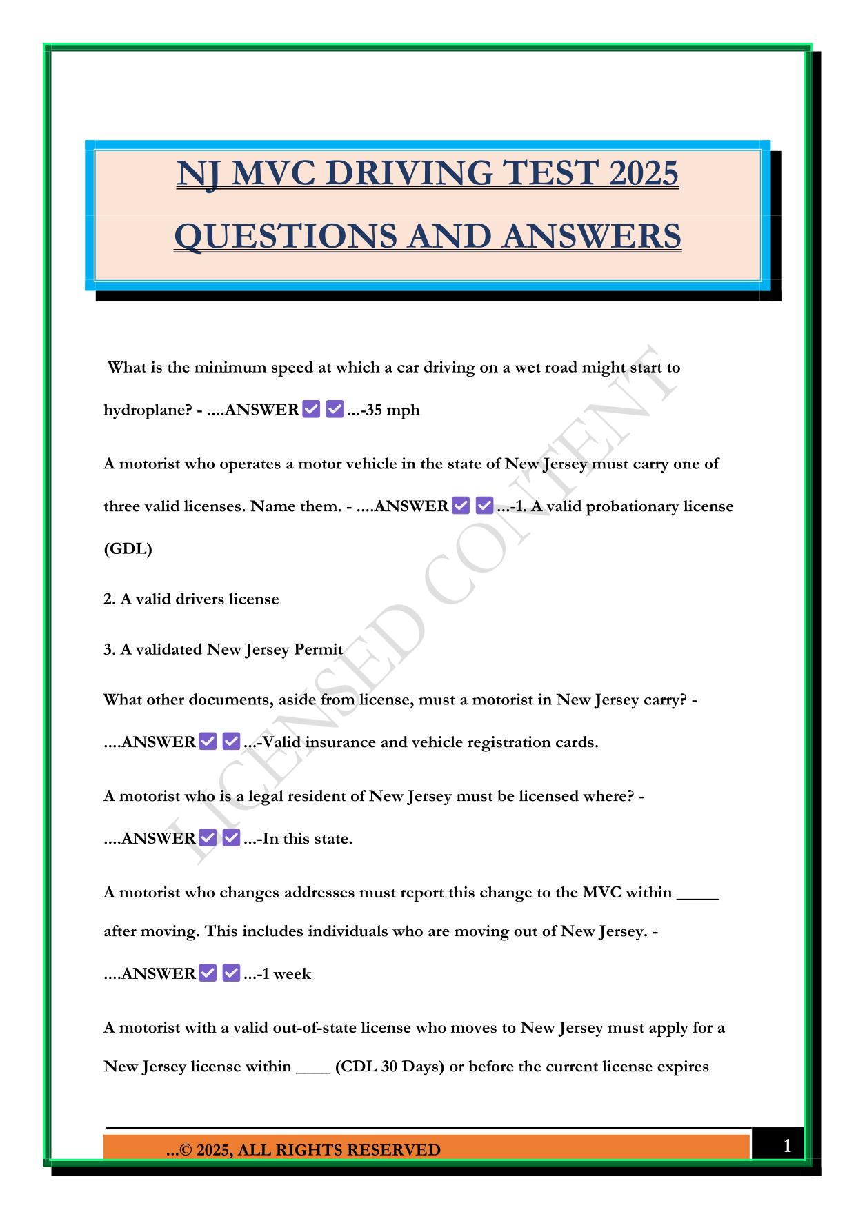 NJ MVC DRIVING TEST 2025 QUESTIONS AND ANSWERS