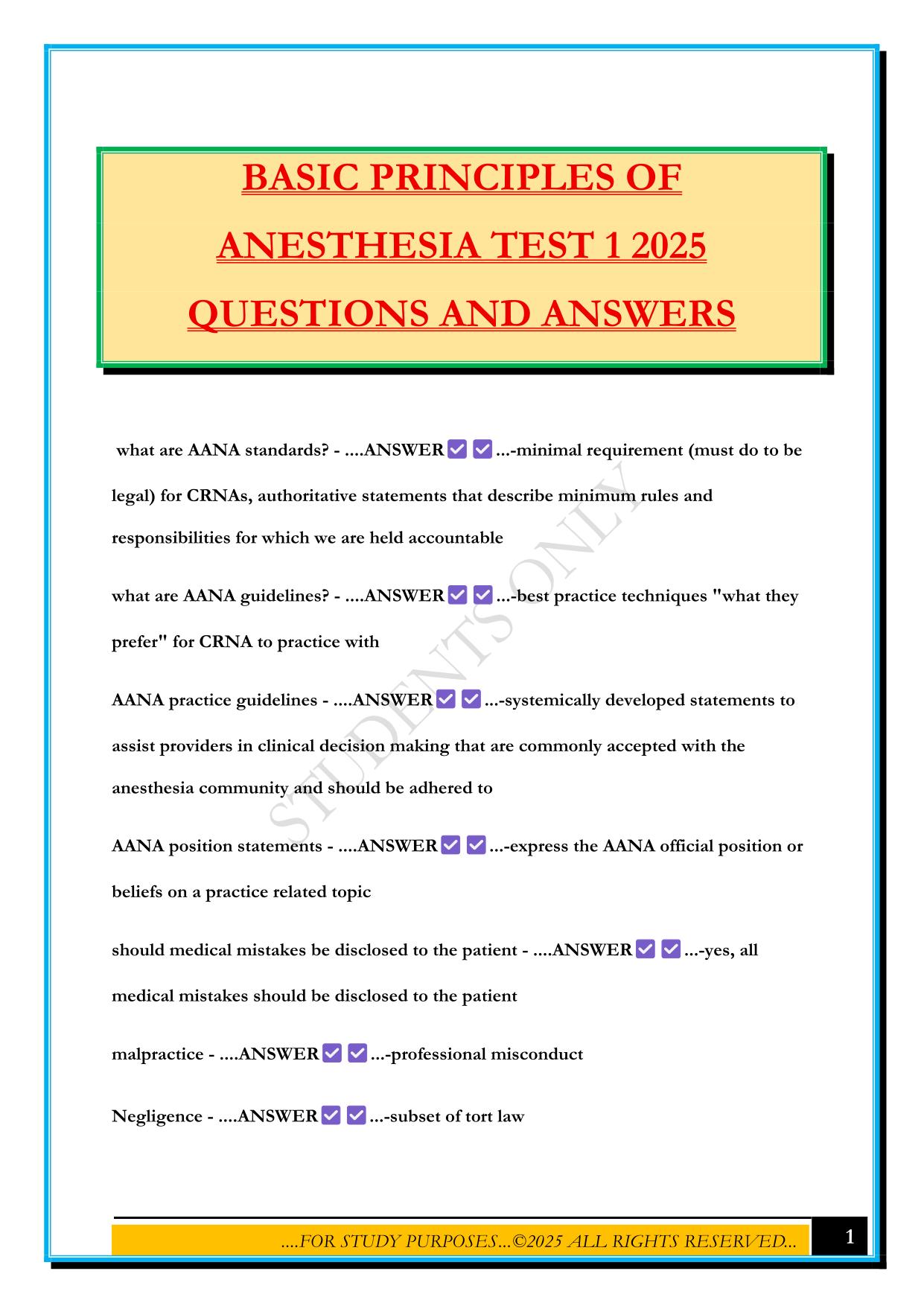 BASIC PRINCIPLES OF ANESTHESIA TEST 1 2025 QUESTIONS AND ANSWERS