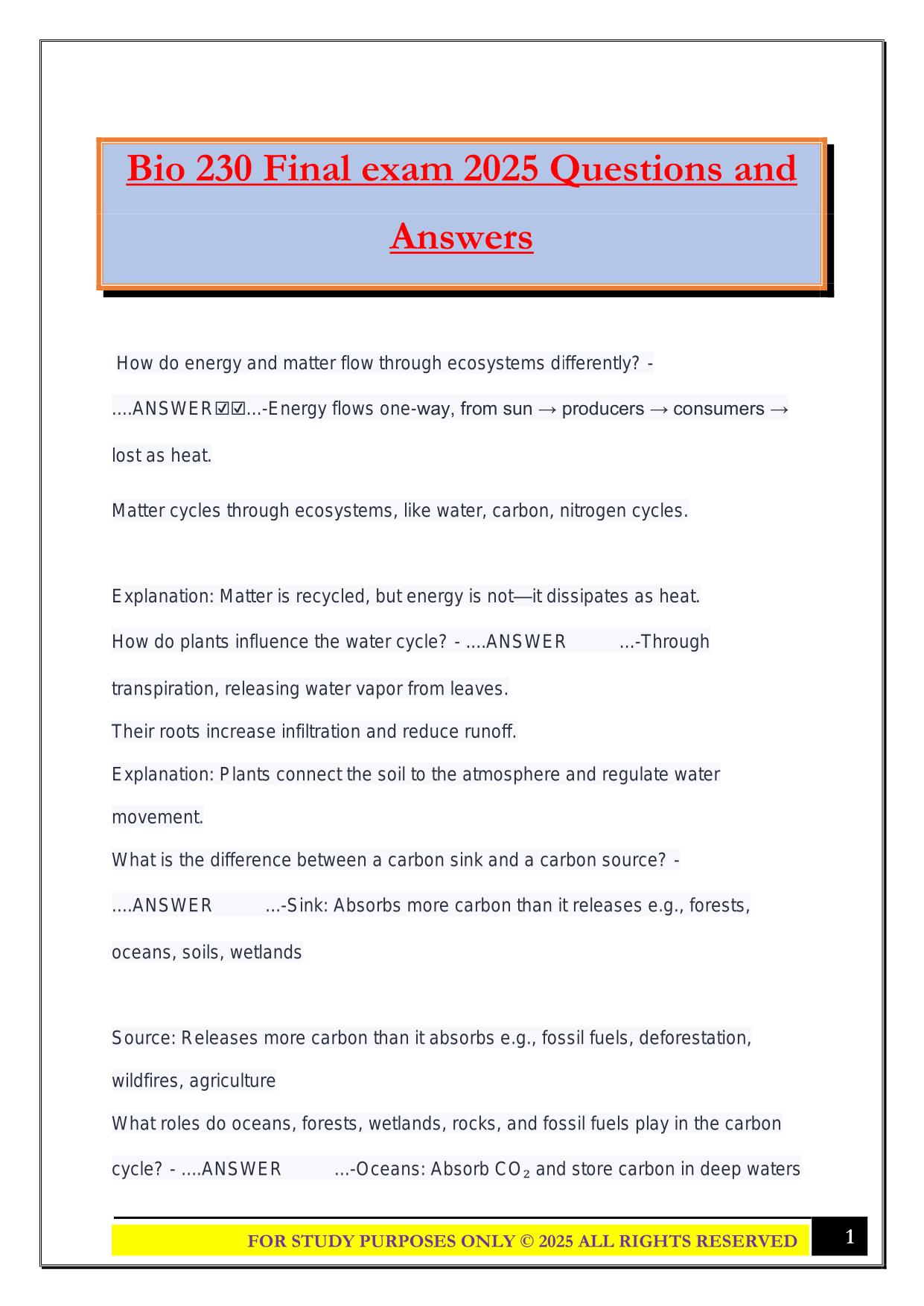 Bio 230 Final exam 2025 Questions and Answers